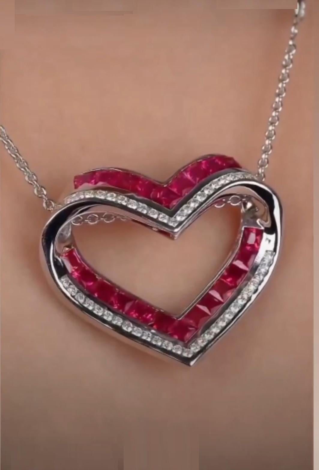 Emerald Cut NWT 18KT Gold $9, 600 Glittering Fancy 3.5CT Ruby Diamond Pendant Heart Necklace For Sale
