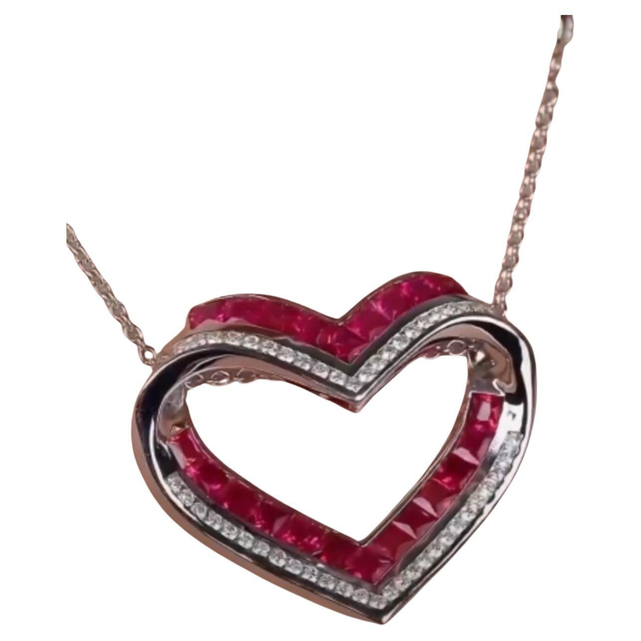 NWT 18KT Gold $9, 600 Glittering Fancy 3.5CT Ruby Diamond Pendant Heart Necklace For Sale