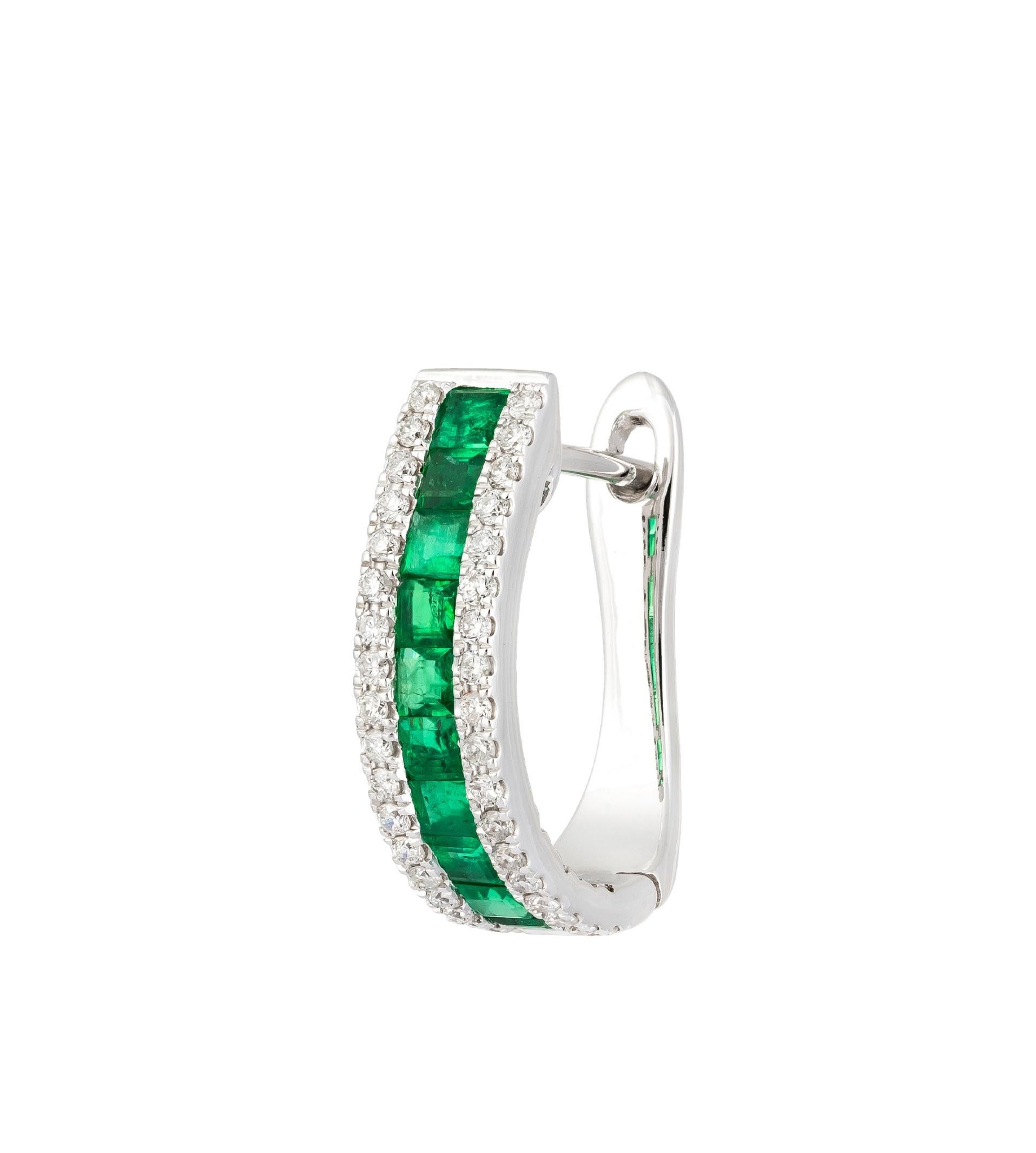 Emerald Cut NWT 18 Karat Gold Glittering Fancy Green Emerald Diamond Hoop Earrings For Sale