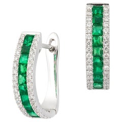 NWT 18 Karat Gold Glittering Fancy Green Emerald Diamond Hoop Earrings