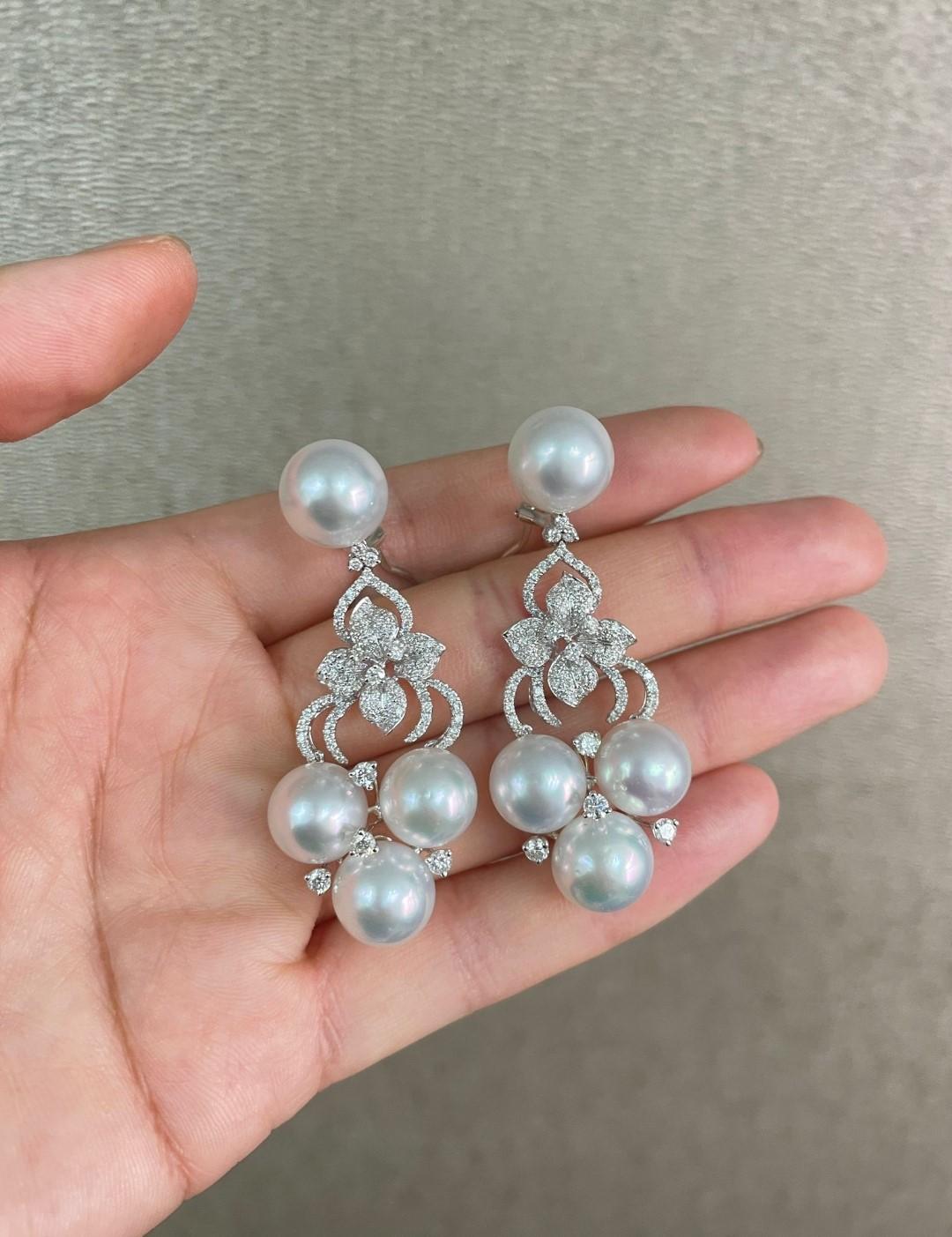 The Following Items we are offering are these Extremely Rare Beautiful 18KT Gold Fine Rare Large South Sea Pearl Fancy Diamond Dangle Drop Earrings. These Magnificent Earrings are comprised of 8 Rare Fine Large AA-AAA South Sea Pearls with Gorgeous