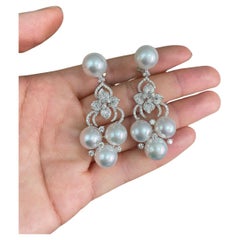 NWT $19, 500 Or 18KT Rare Lrg South Sea Pearl Gorgeous Diamond Dangle Earrings