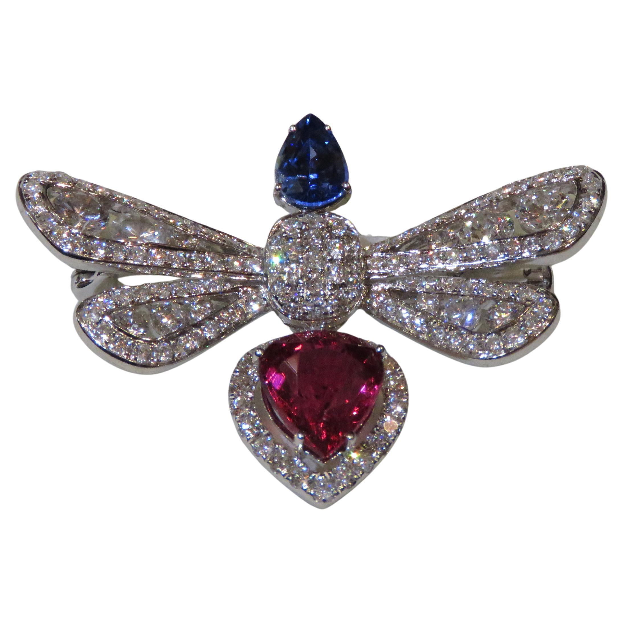 NWT $19, 700 18KT Gold Fancy Butterfly Rubelite Diamond Sapphire Pendant Brooch