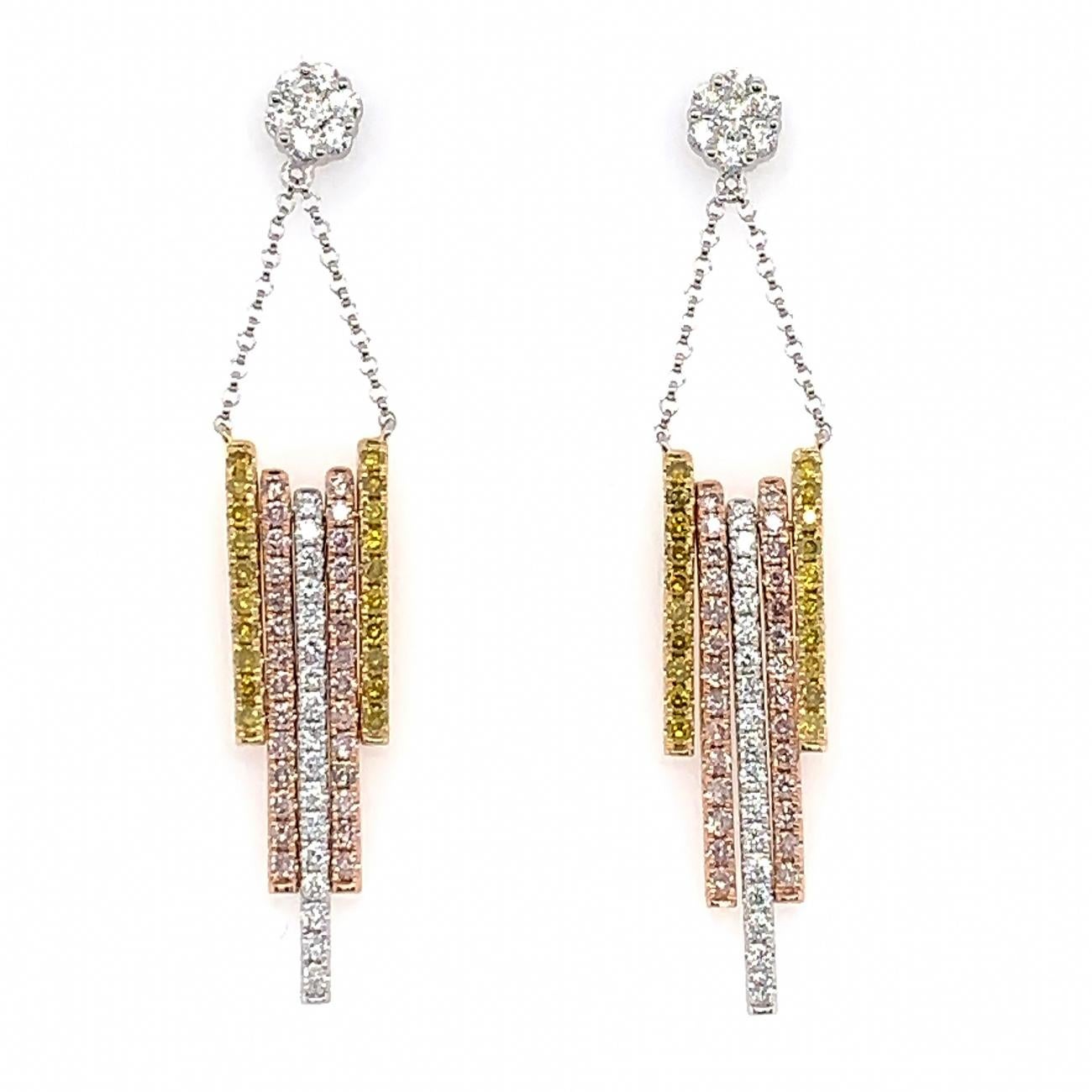 The Following Items we are offering is a Rare Important Radiant 18KT Gold Glamorous and Elaborate Rare Magnificent Glittering Pink Diamond, Gold Diamond, and White Diamond, Fringe Design Earrings. Earrings feature Rare Sparkling Fine Glittering
