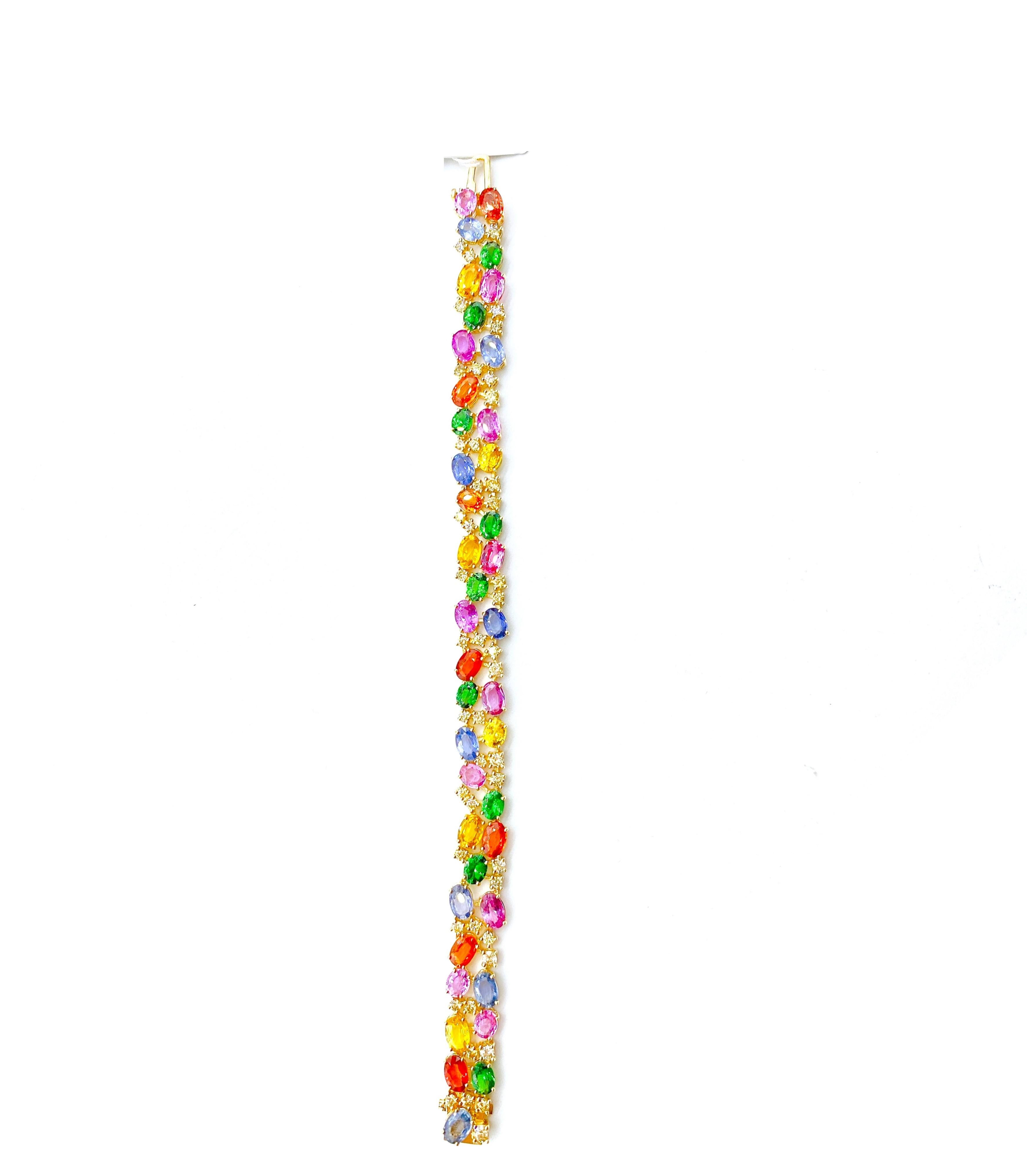 Mixed Cut NWT $19, 849 18KT Gold Fancy Glittering 22CT Rainbow Sapphire Diamond Bracelet For Sale