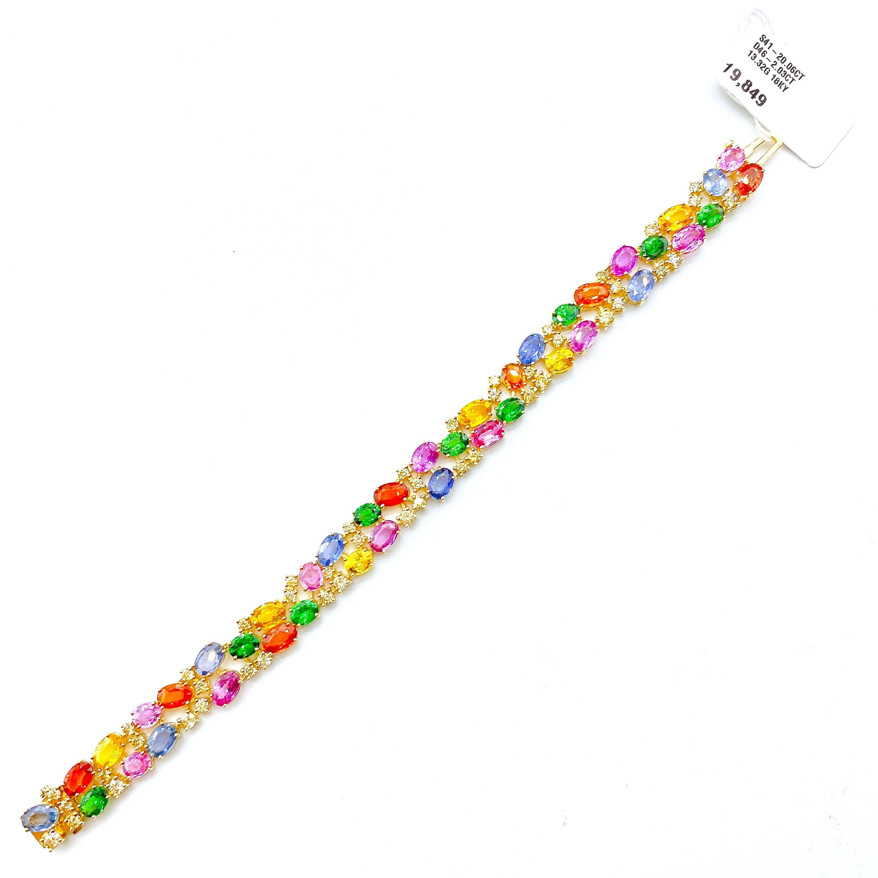 NWT $19, 849 18KT Gold Fancy Glittering 22CT Rainbow Sapphire Diamond Bracelet In New Condition For Sale In New York, NY