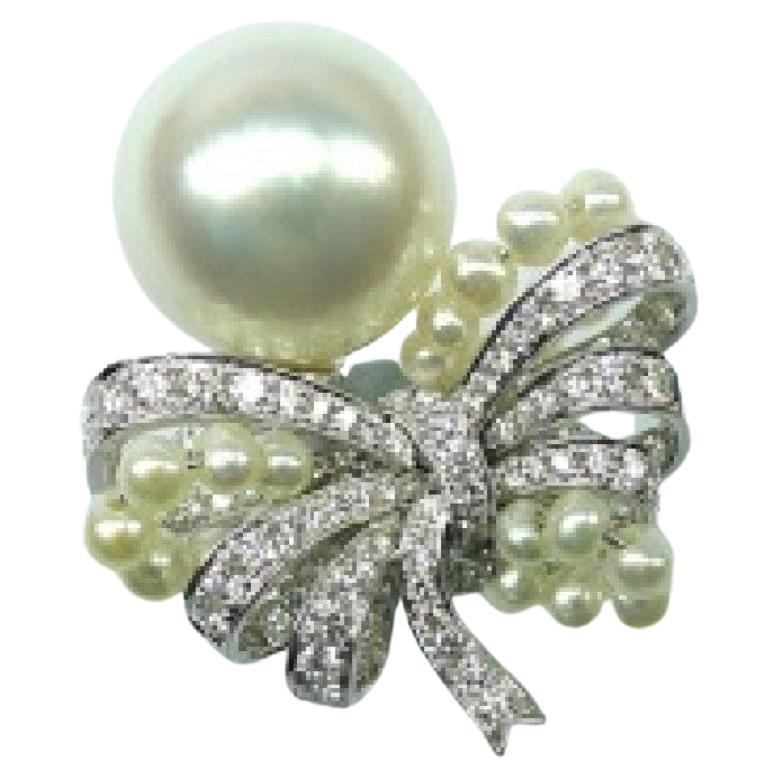 NWT $19, 500 18KT Gold Rare Fancy Large South Sea Pearl Diamond Bow Ring For Sale