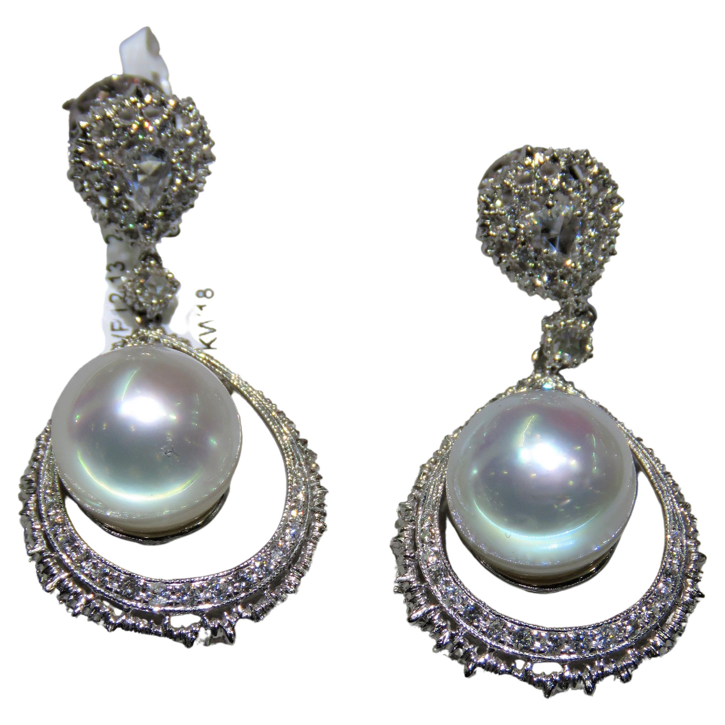 NWT $19, 600 Rare 18KT South Sea Large Pearl Rose Cut Diamond Earrings For Sale