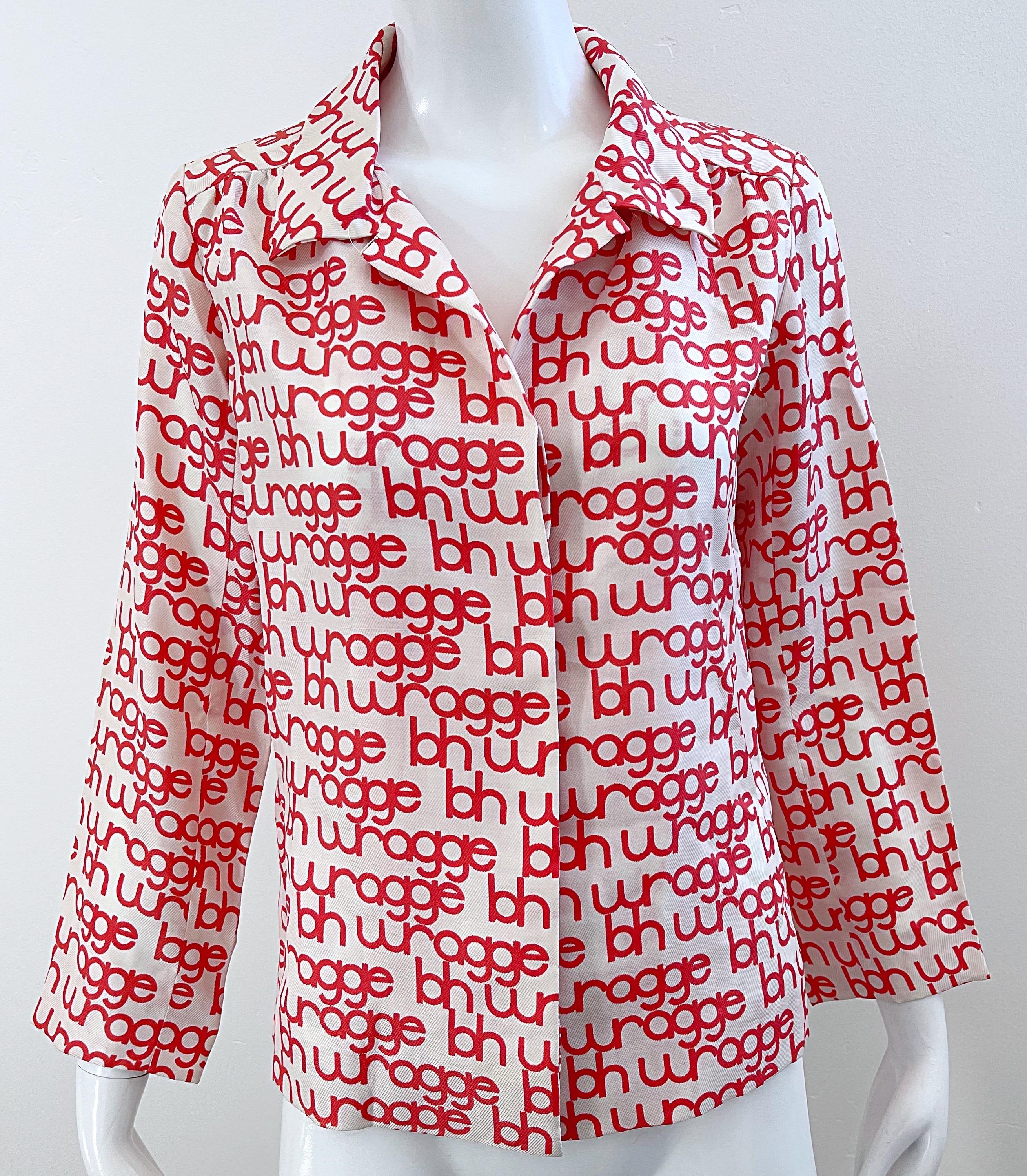 NWT 1960s B.H. Wragge Red + White Logo Silk Vintage 60s Blouse Shirt 1968 For Sale 2