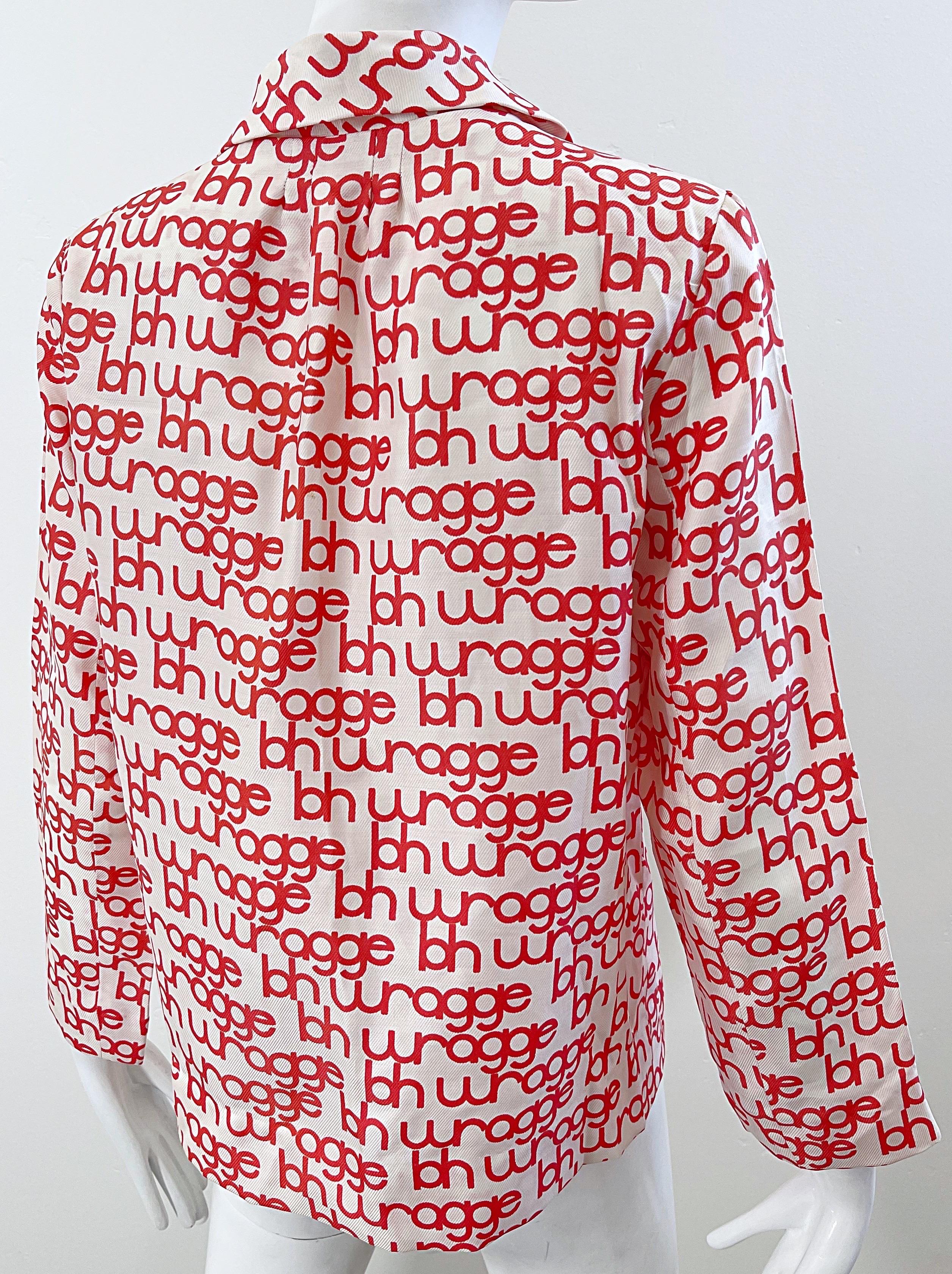 NWT 1960s B.H. Wragge Red + White Logo Silk Vintage 60s Blouse Shirt 1968 For Sale 3