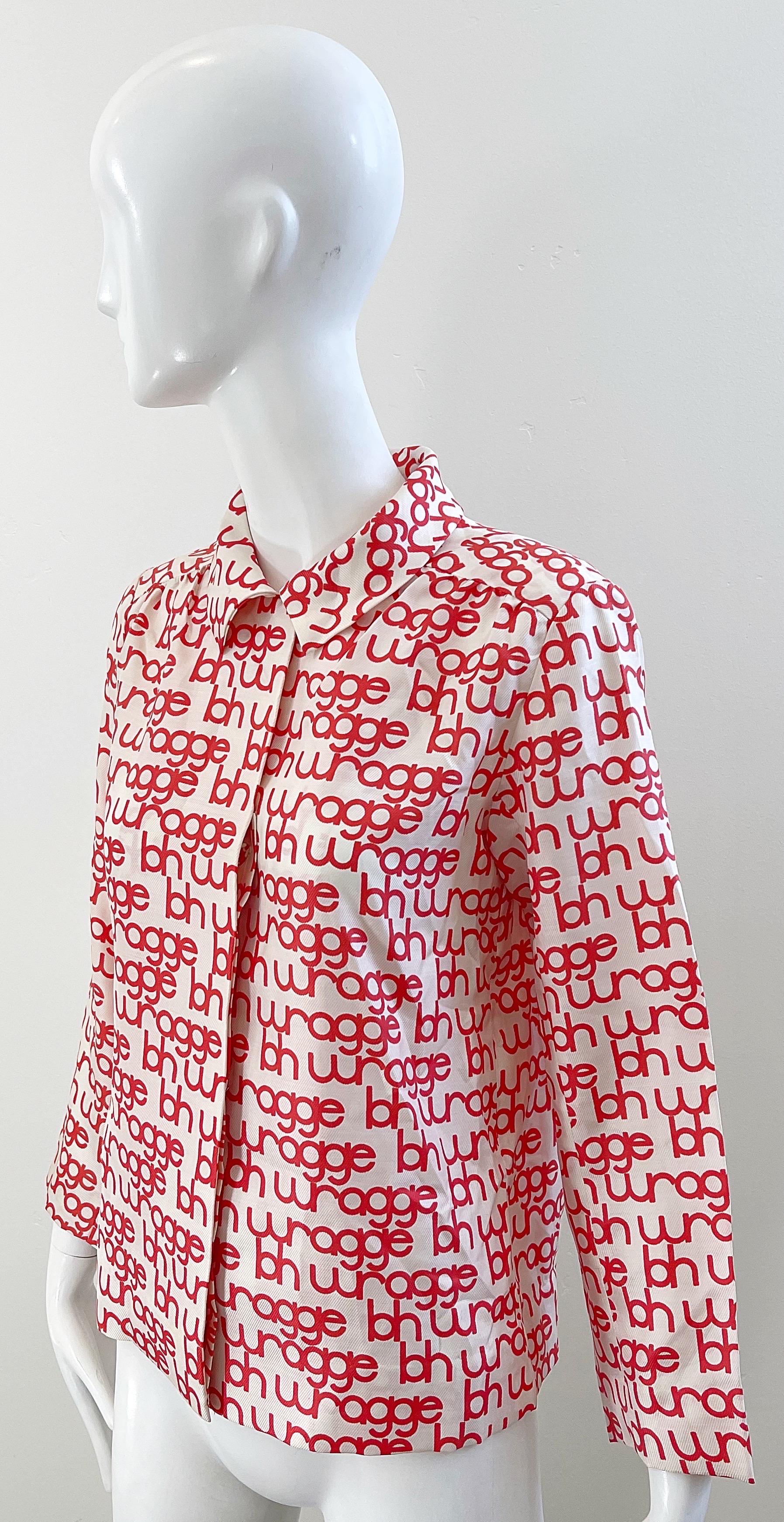 NWT 1960s B.H. Wragge Red + White Logo Silk Vintage 60s Blouse Shirt 1968 For Sale 5
