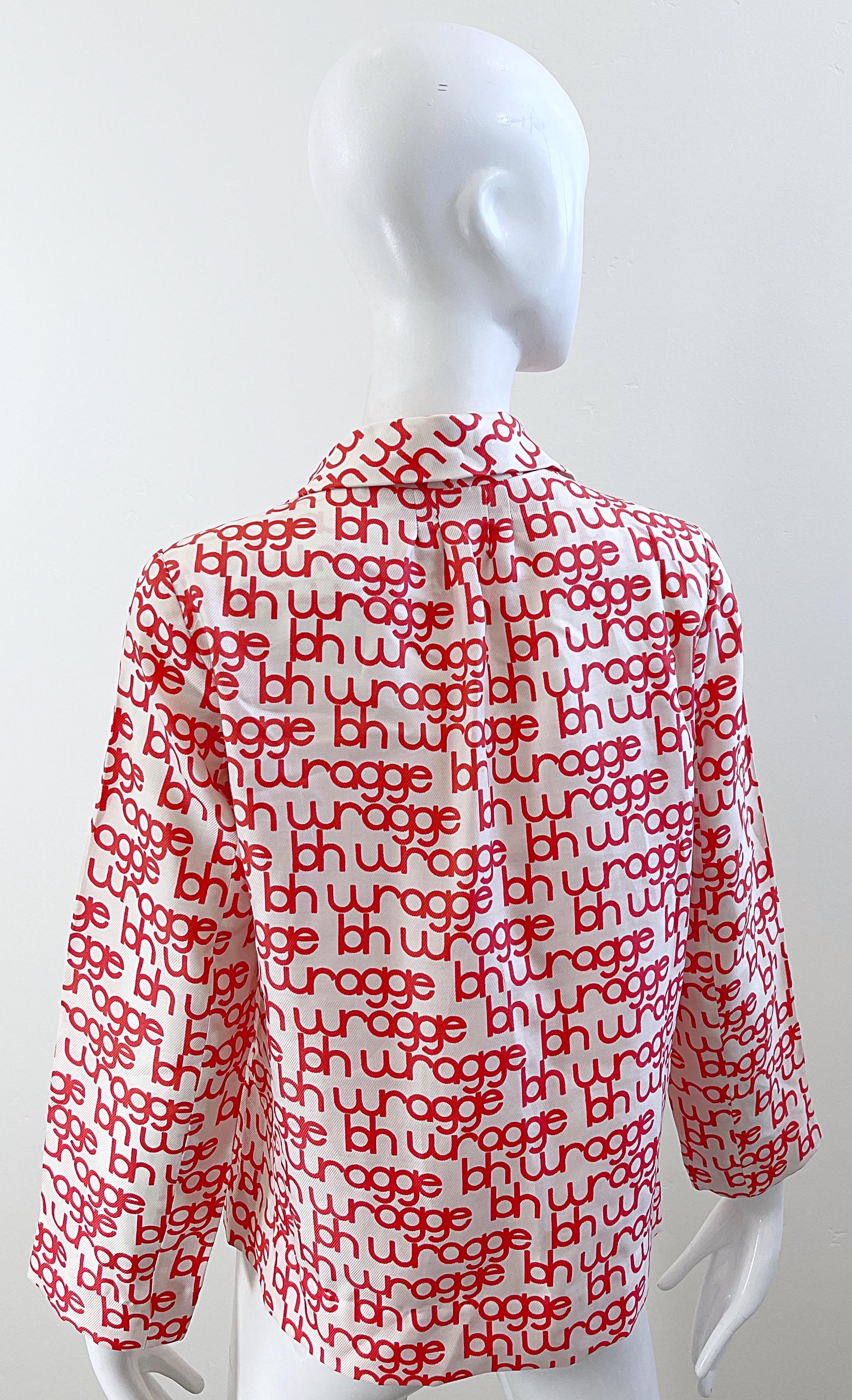 NWT 1960s B.H. Wragge Red + White Logo Silk Vintage 60s Blouse Shirt 1968 For Sale 6