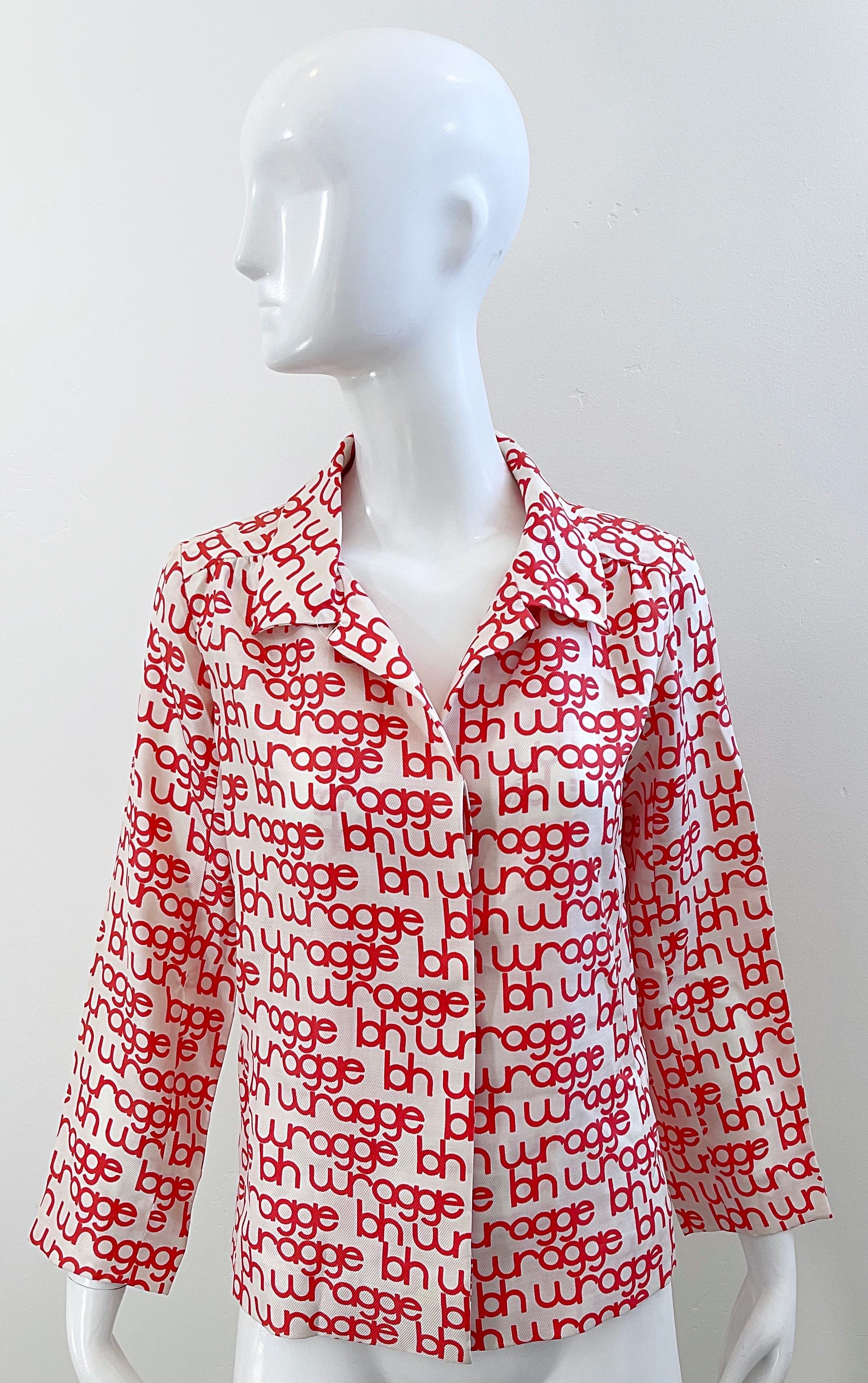 NWT 1960s B.H. Wragge Red + White Logo Silk Vintage 60s Blouse Shirt 1968 For Sale 7