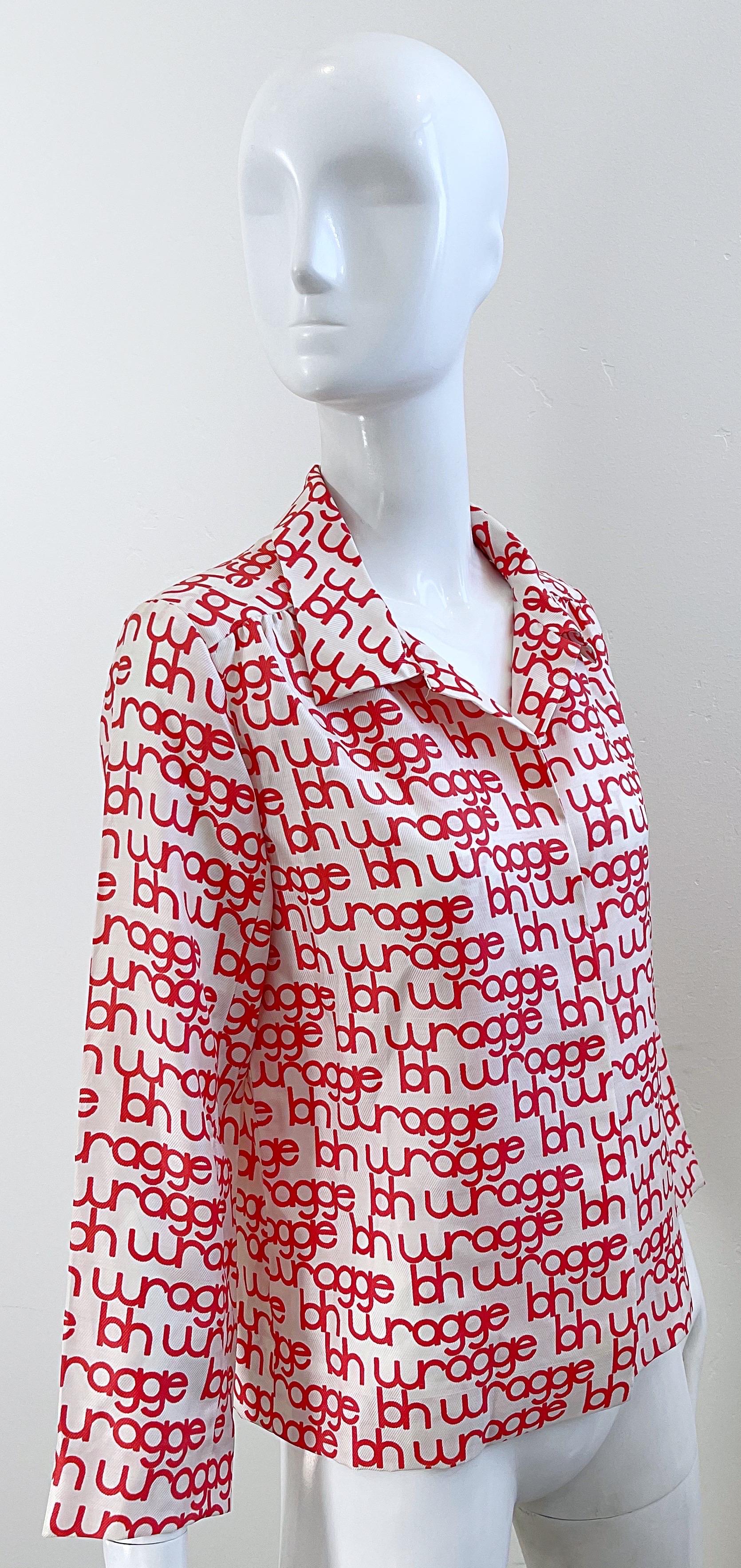 Beige NWT 1960s B.H. Wragge Red + White Logo Silk Vintage 60s Blouse Shirt 1968 For Sale