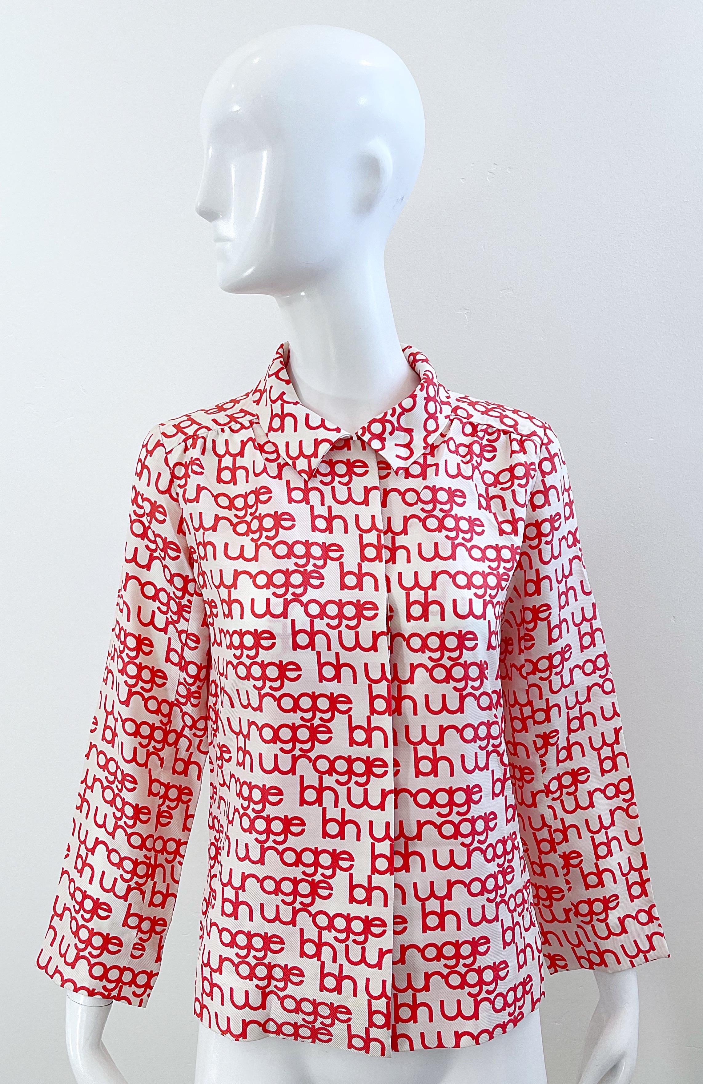 Women's NWT 1960s B.H. Wragge Red + White Logo Silk Vintage 60s Blouse Shirt 1968 For Sale