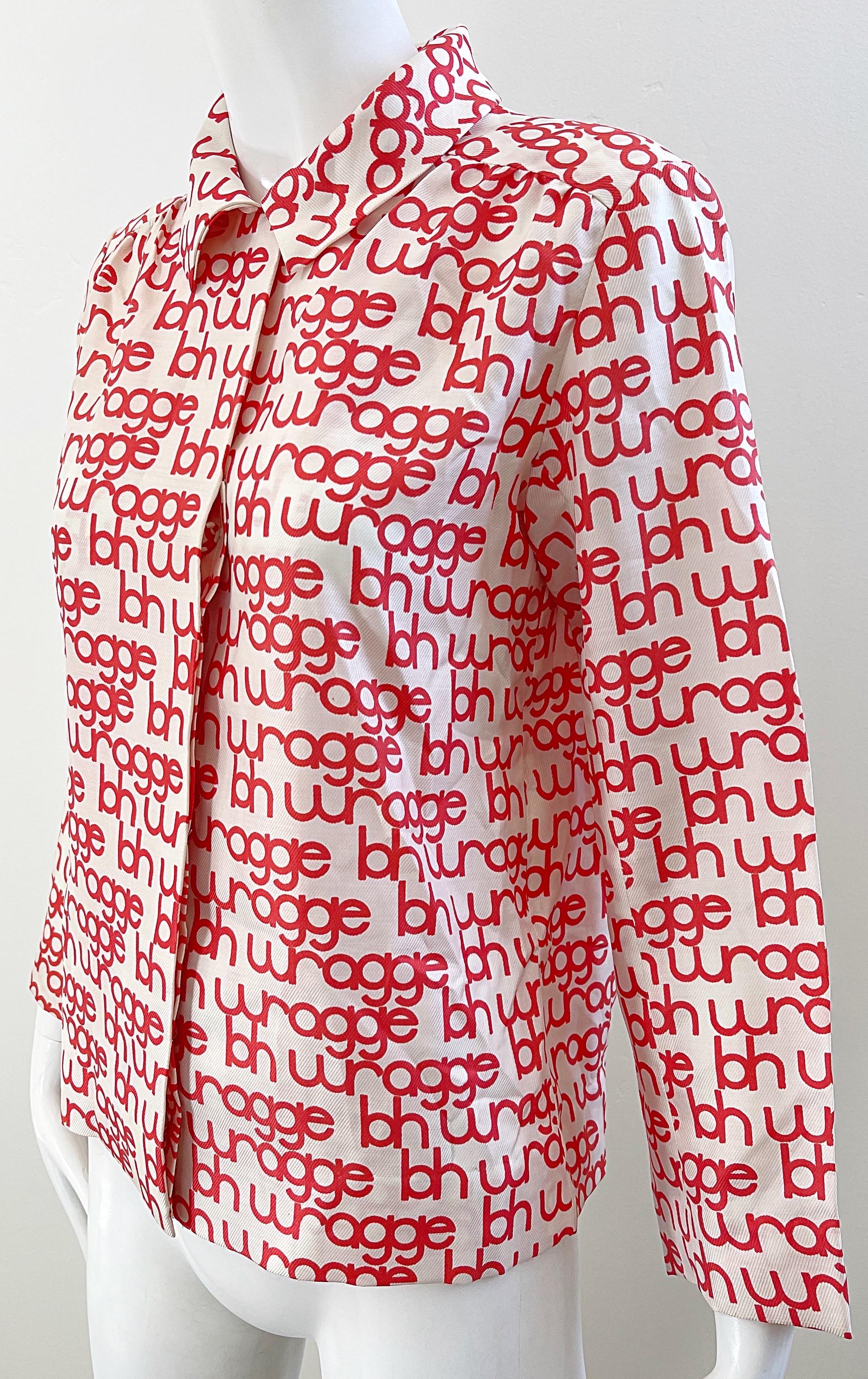 NWT 1960er Jahre B.H. Wragge Rot + Weiß Logo Seide Vintage 60er Jahre Bluse Hemd 1968 im Angebot 1