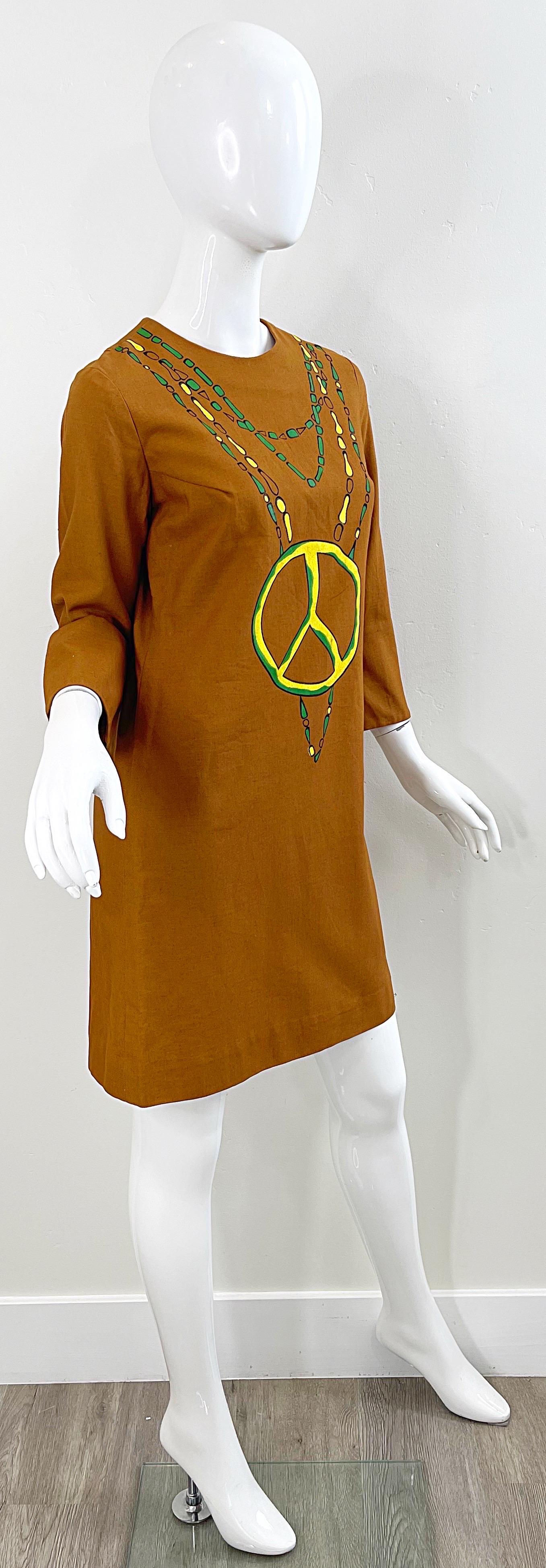 NWT 1960s Trompe L’Oeil Hand Painted Peace Sign 60s Vintage Cotton Dress  4