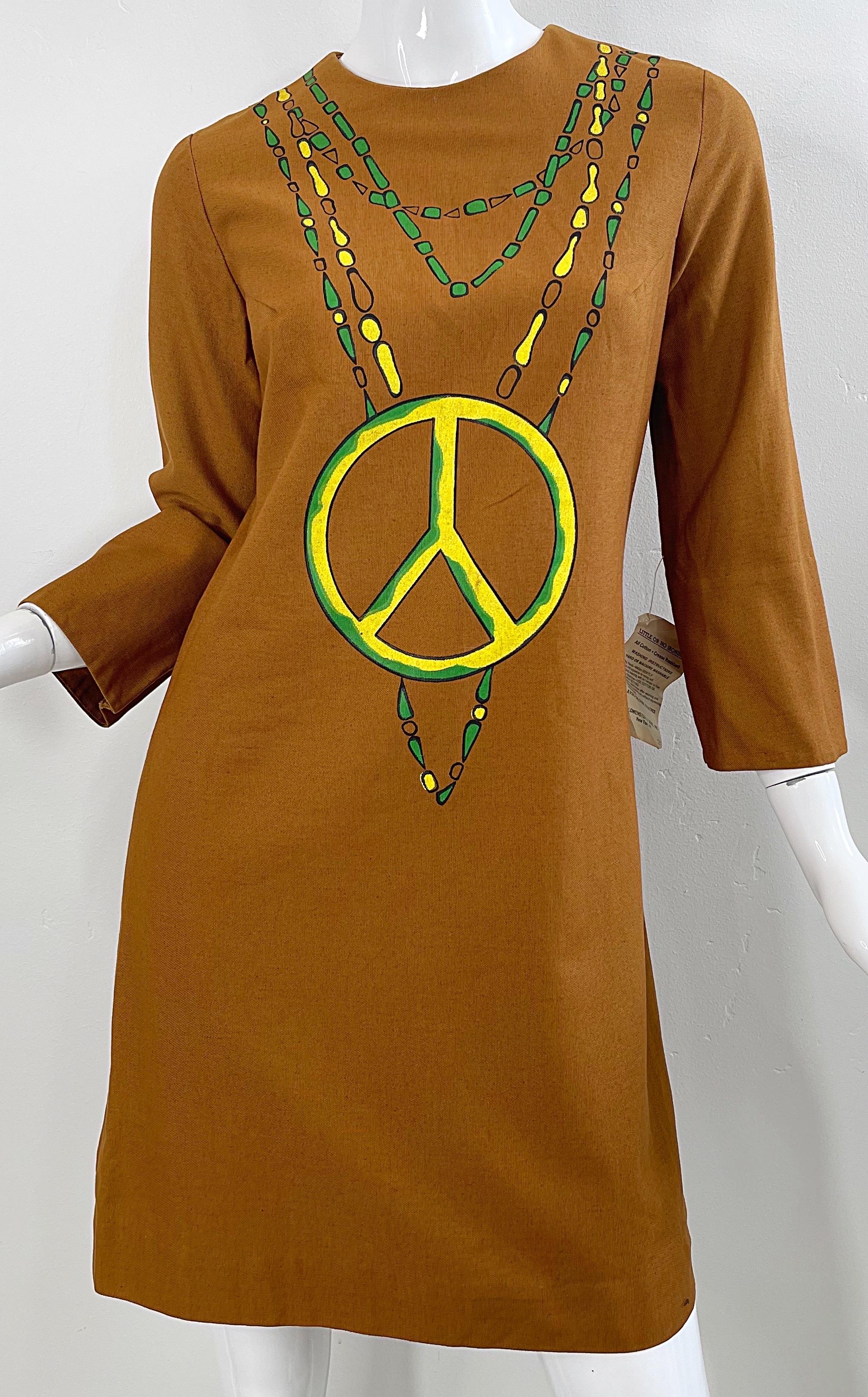 NWT 1960s Trompe L’Oeil Hand Painted Peace Sign 60s Vintage Cotton Dress  5