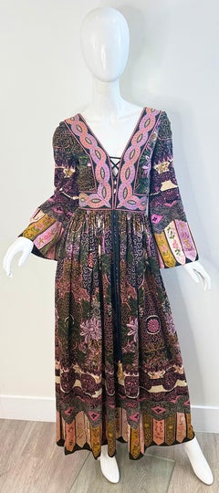 NWT 1970s Jay Morley Fern Violette Bohemian Vintage 70s Maxi Dress Sash Tassels