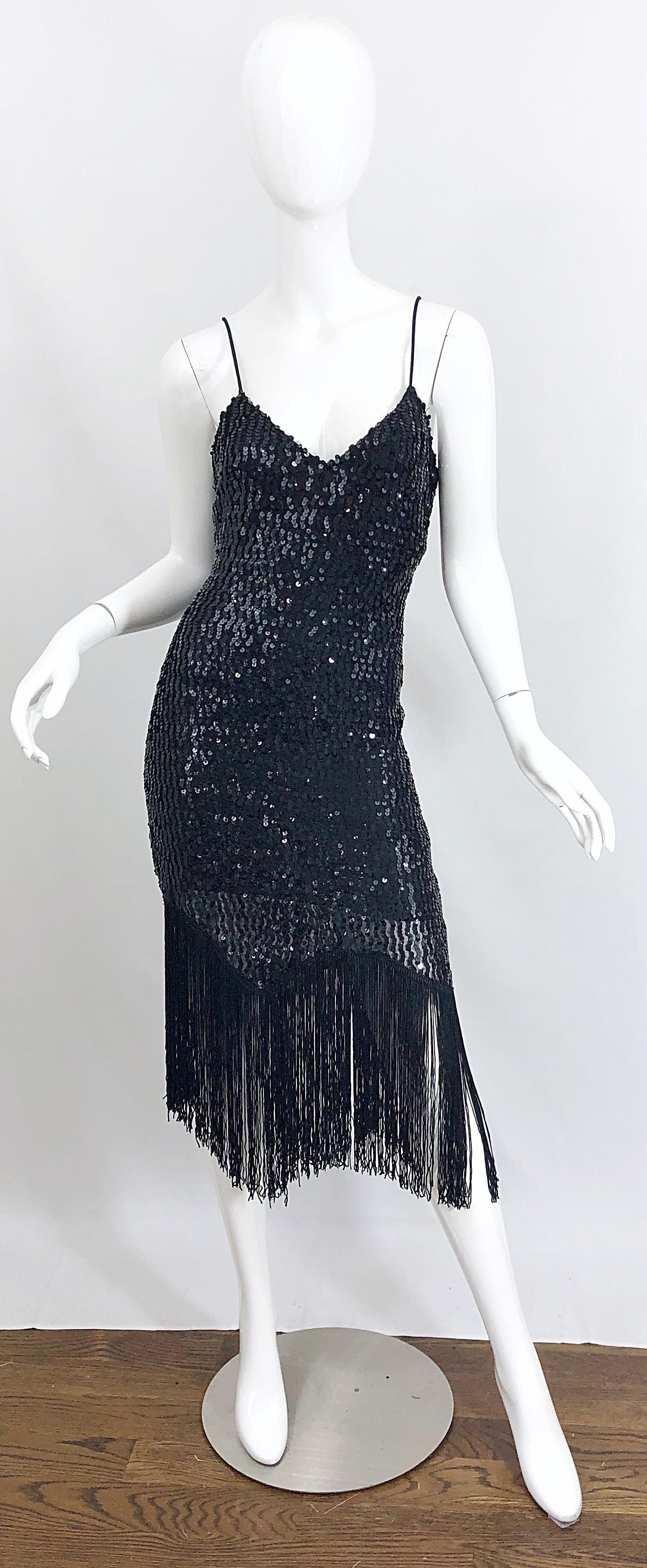 NWT 1970s Joy Stevens Size 10 / 12 Black Sequined Flapper Style Vintage Dress For Sale 9