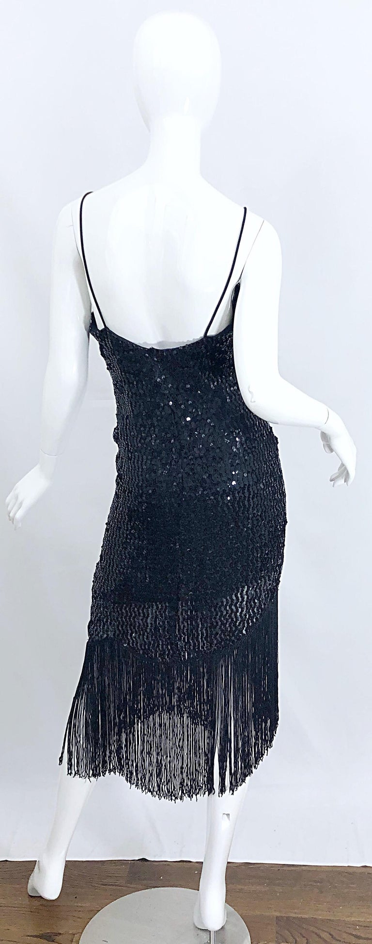 Women's NWT 1970s Joy Stevens Size 10 / 12 Black Sequined Flapper Style Vintage Dress For Sale