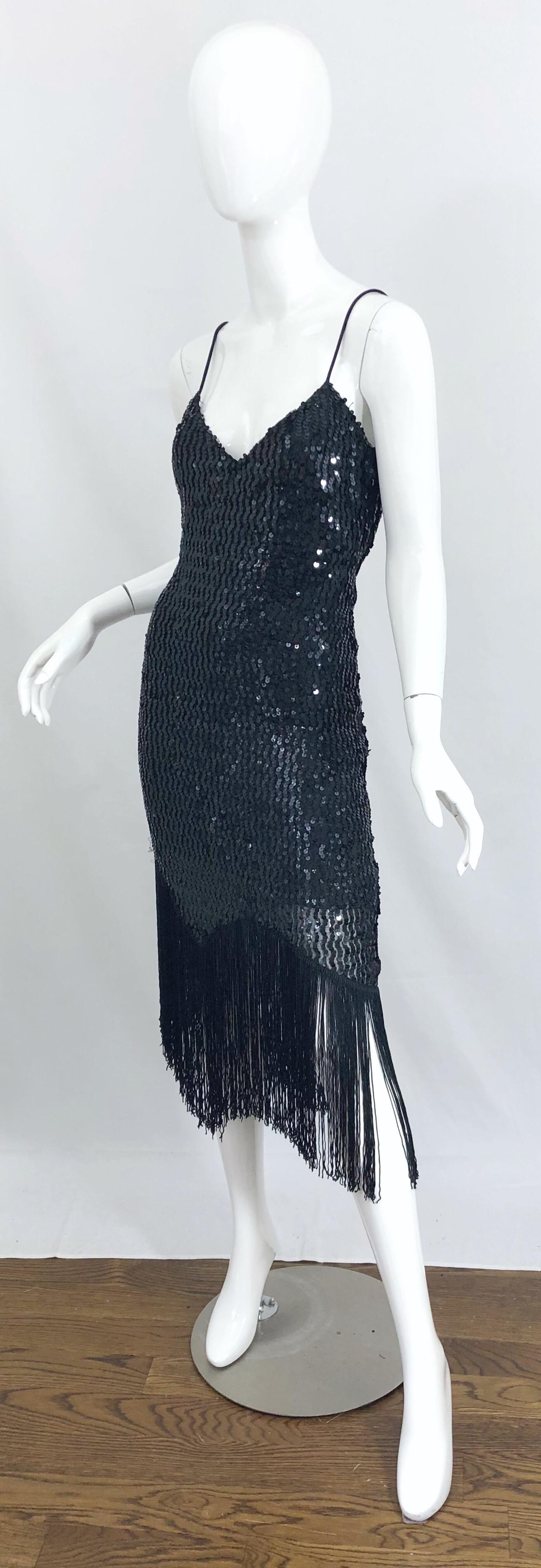 NWT 1970s Joy Stevens Size 10 / 12 Black Sequined Flapper Style Vintage Dress For Sale 1
