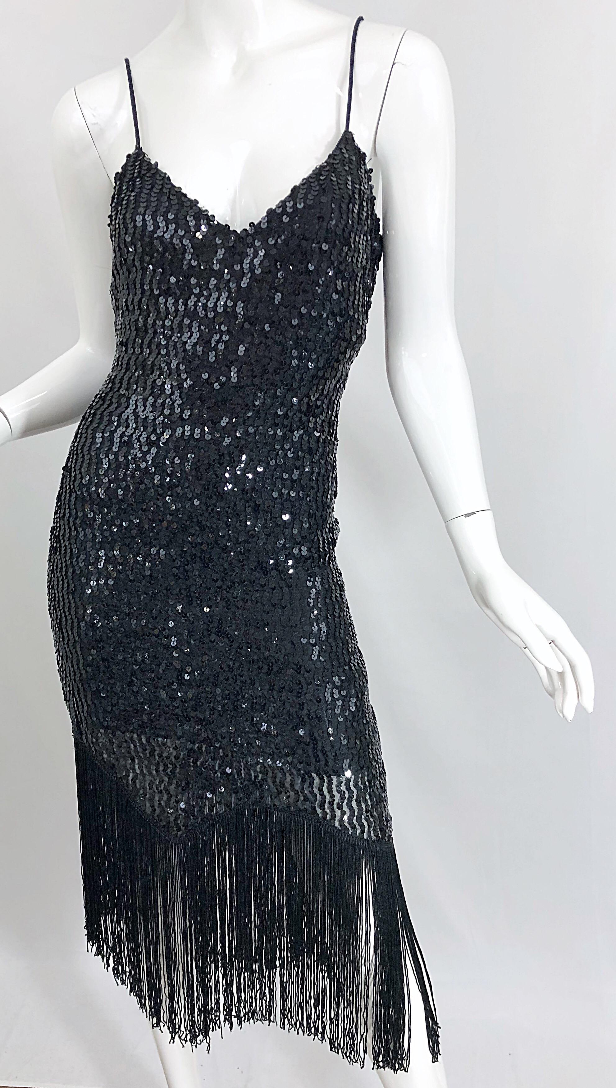 NWT 1970s Joy Stevens Size 10 / 12 Black Sequined Flapper Style Vintage Dress For Sale 3
