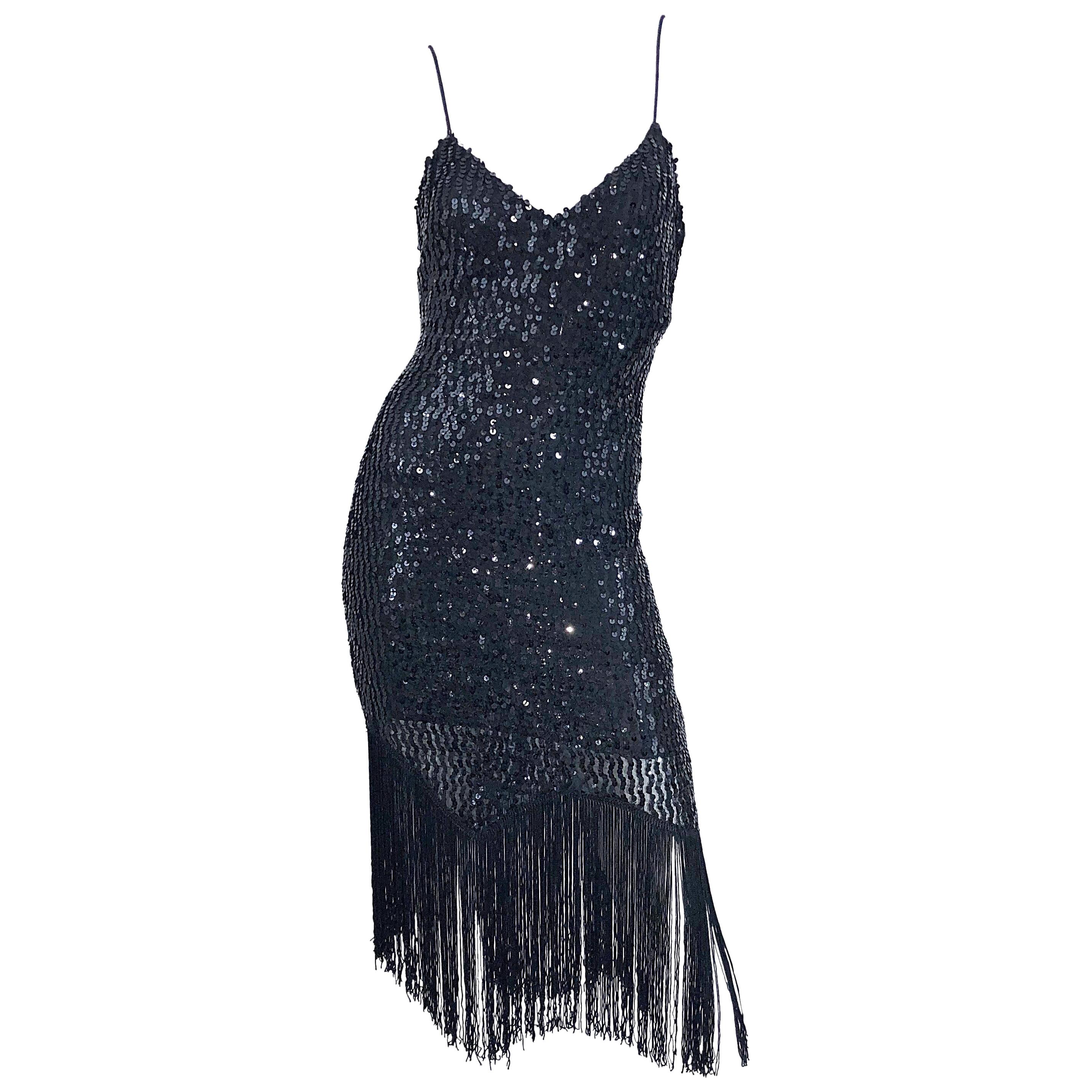 NWT 1970s Joy Stevens Size 10 / 12 Black Sequined Flapper Style Vintage Dress