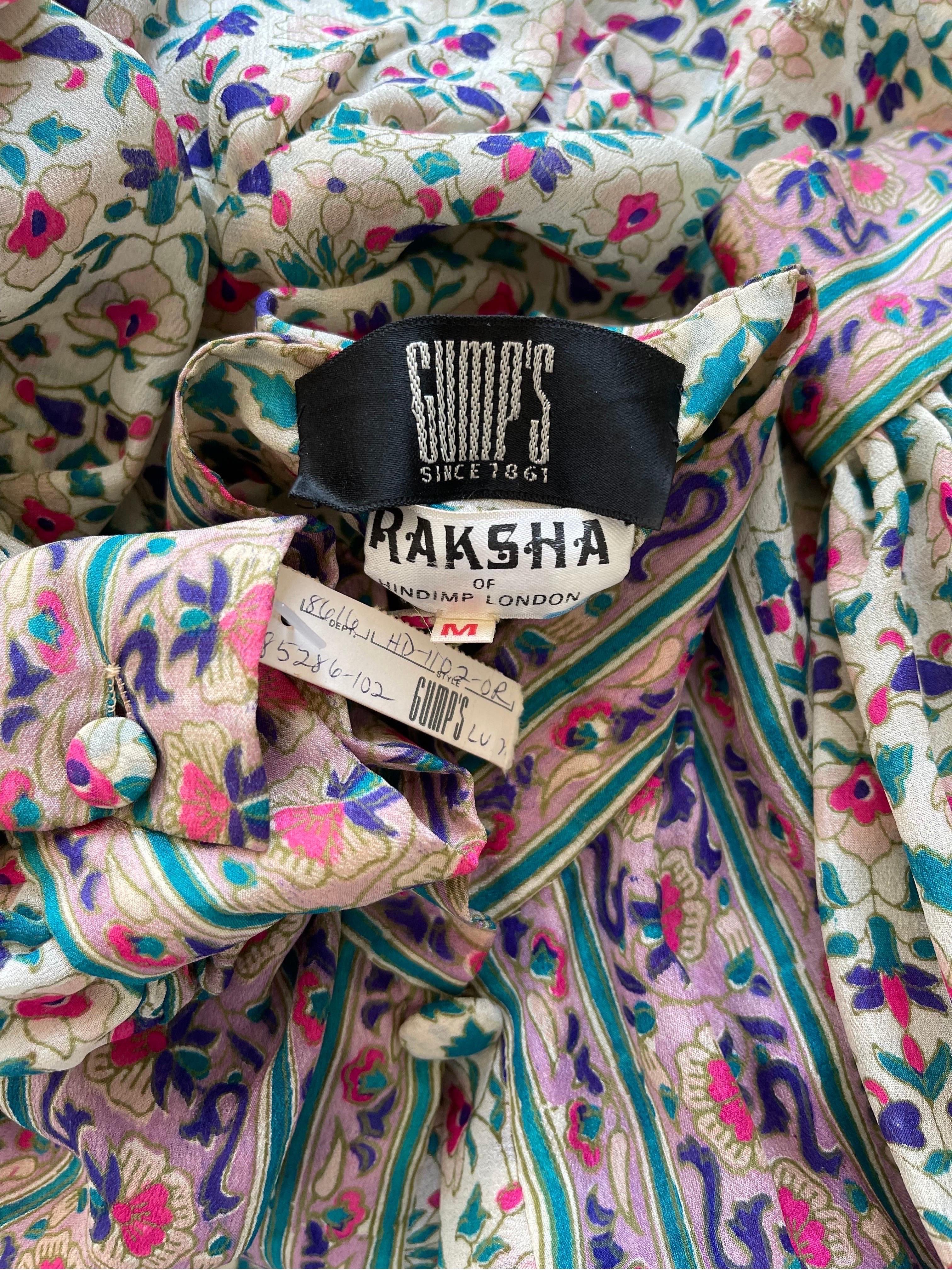 Rare, beautiful and brand new with original store tags vintage 70s RAKSHA OF HINDIMP LONDON silk chiffon flower and paisley print boho maxi dress or duster jacket ! Vibrant colors of pink, green, purple and ivory throughout. Features the most
