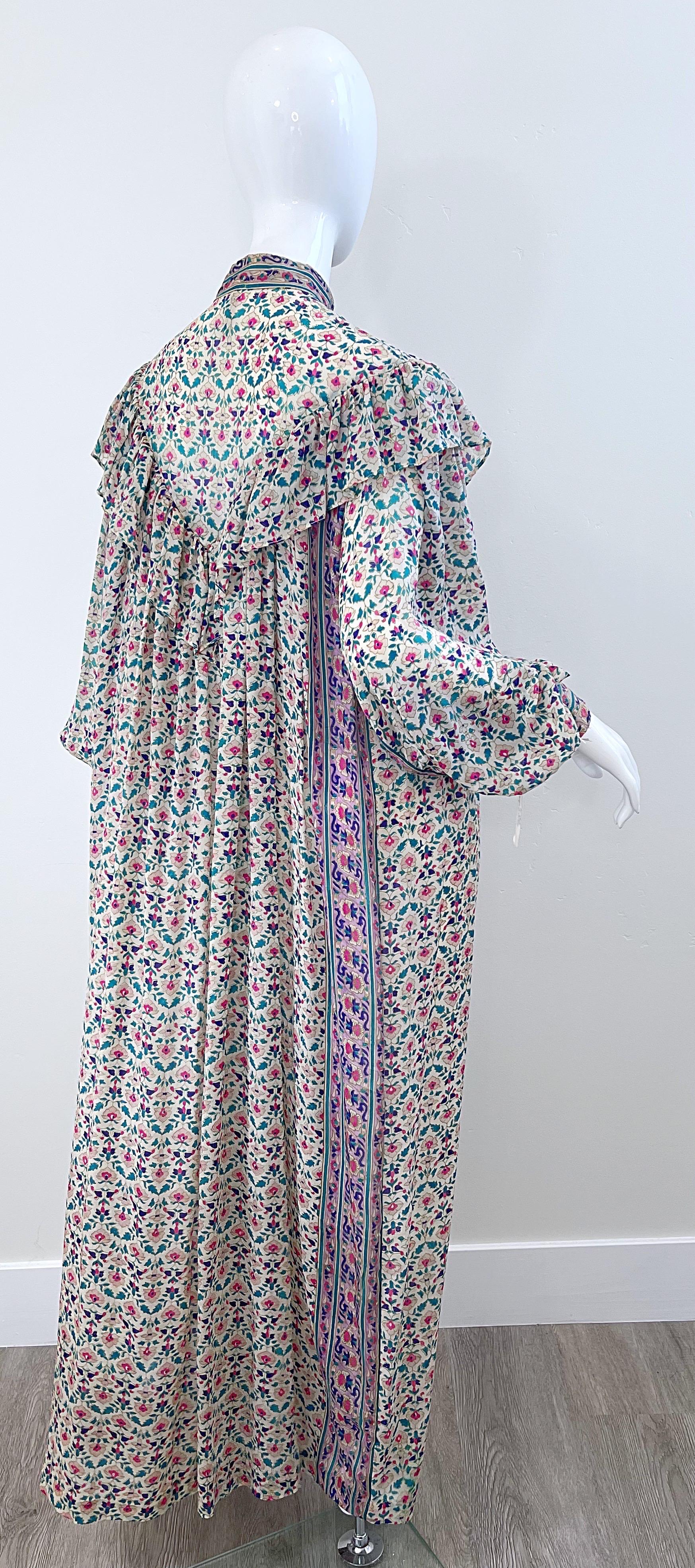 Gray NWT 1970s Raksha of Hindimp London Silk Chiffon Indian Boho Maxi Dress Duster  For Sale
