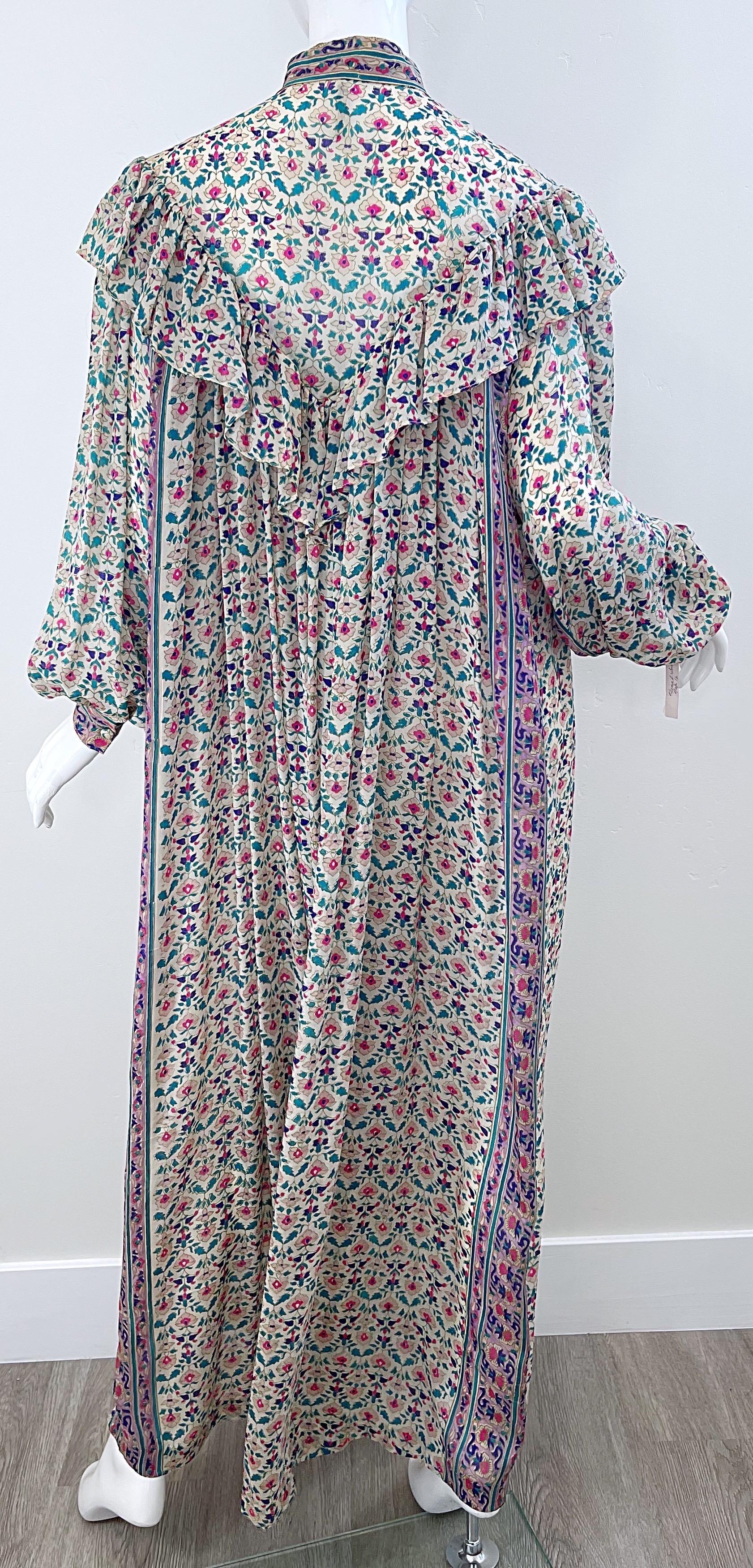 NWT 1970s Raksha of Hindimp London Silk Chiffon Indian Boho Maxi Dress Duster For Sale 1