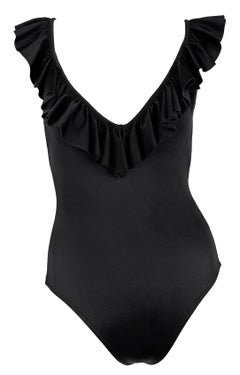 NWT 1980 Bill Blass Ruffle Trim Black Stretch Backless One-Piece Swimsuit Beach