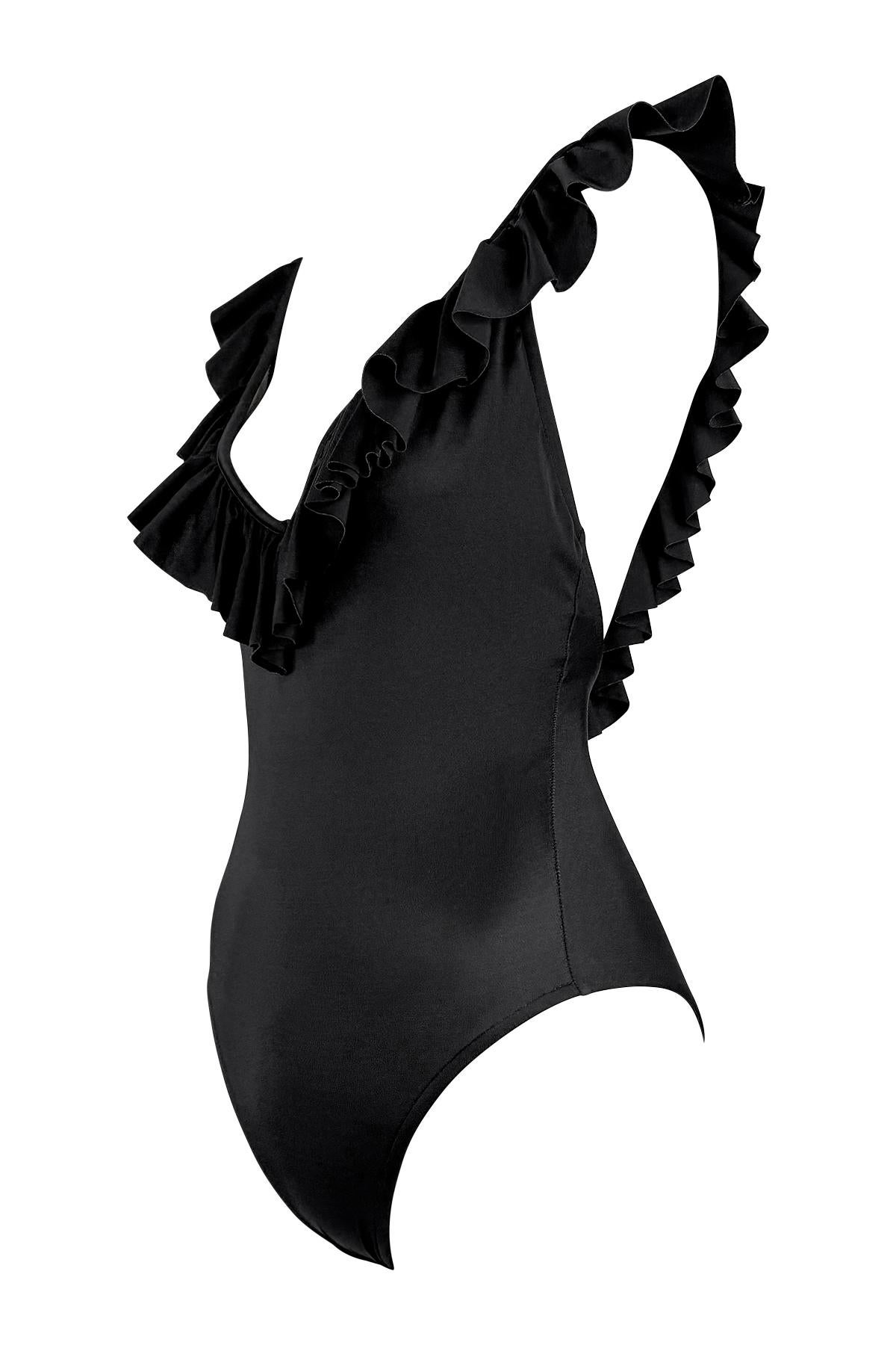 Women's NWT 1980s Bill Blass Ruffle Trim Black Stretch Backless One-Piece Swimsuit Beach