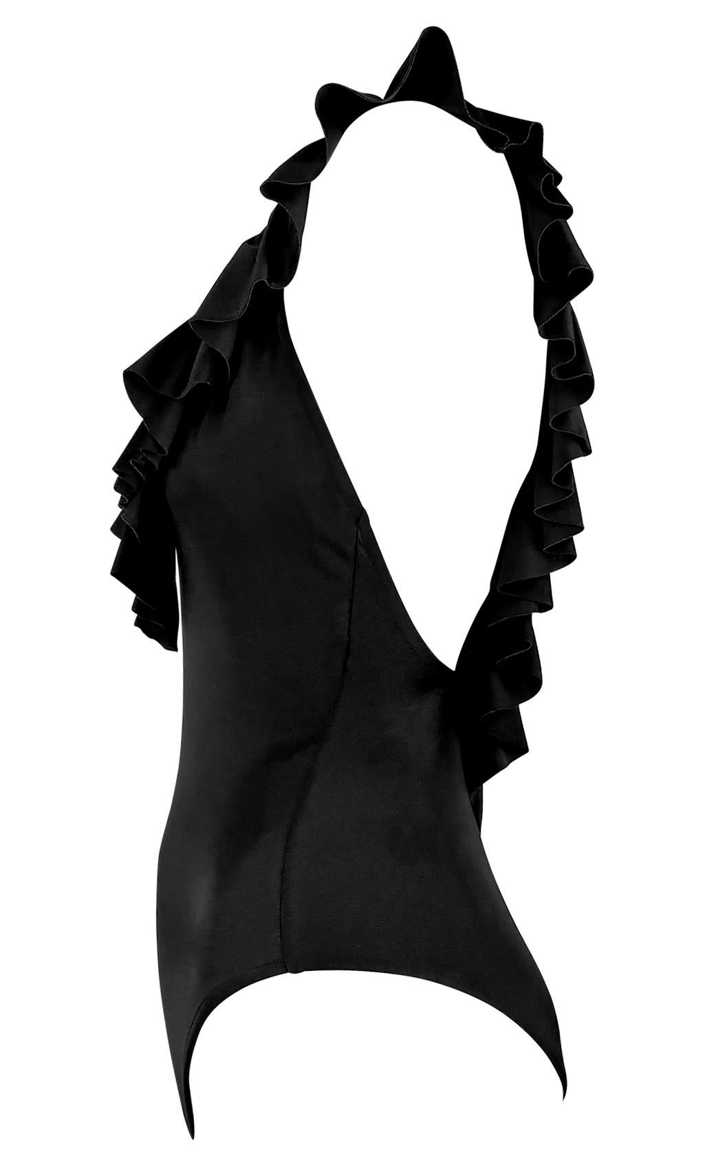 NWT 1980s Bill Blass Ruffle Trim Black Stretch Backless One-Piece Swimsuit Beach 1