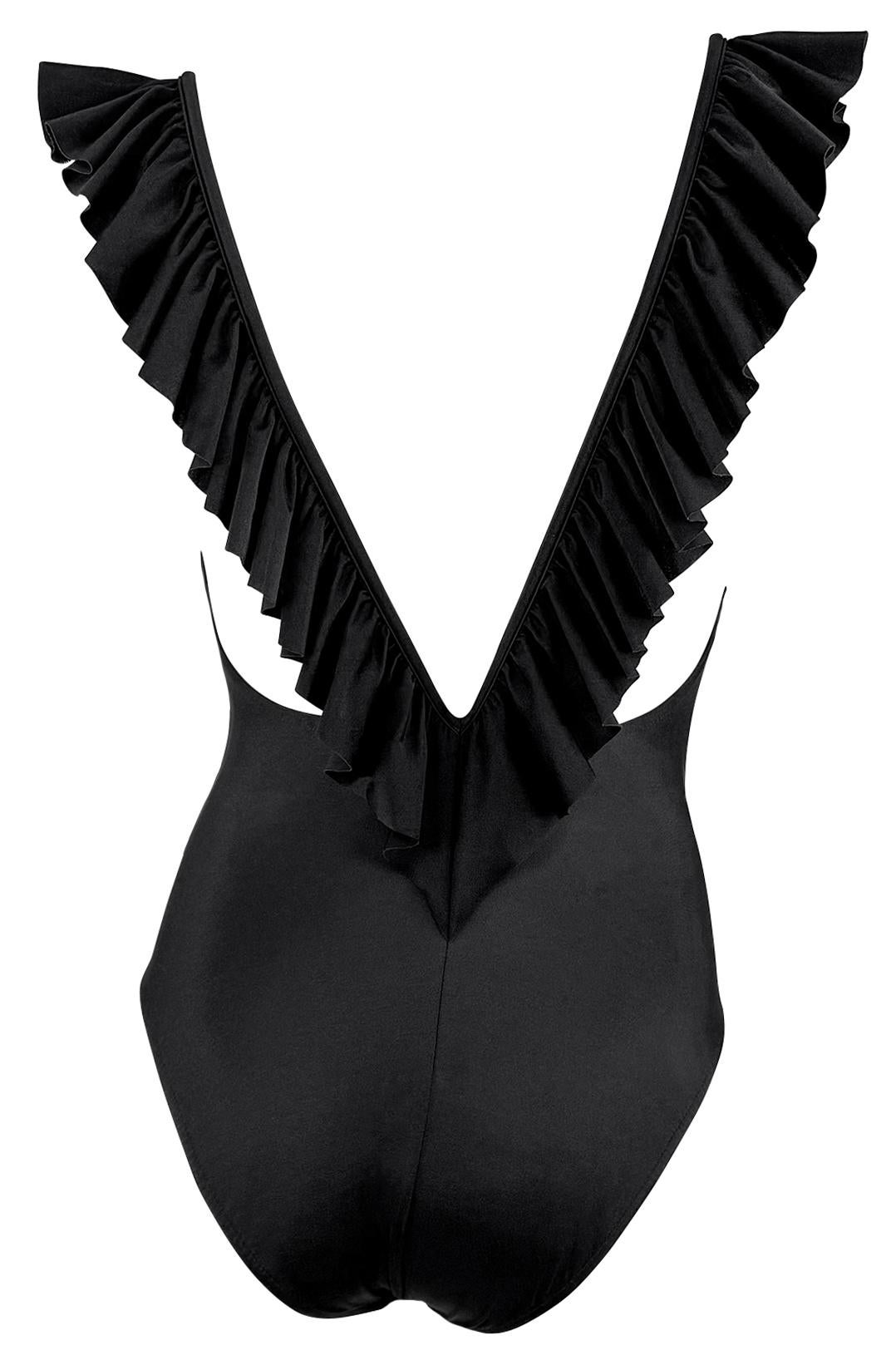 NWT 1980s Bill Blass Ruffle Trim Black Stretch Backless One-Piece Swimsuit Beach 2