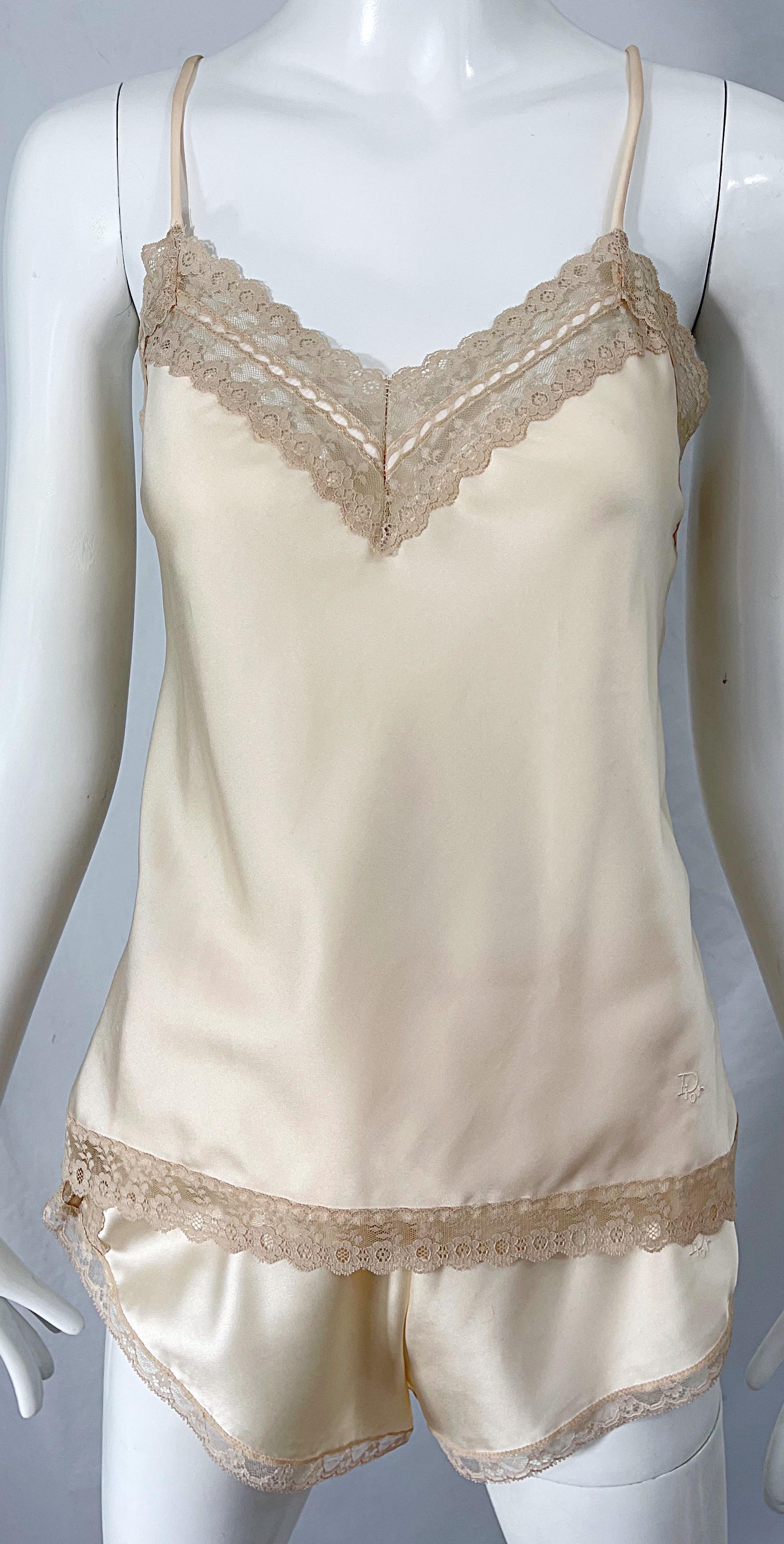 Beige NWT 1980s Christian Dior Ivory Satin Lace Three Piece Cami 80s Lingerie PJ Set  For Sale