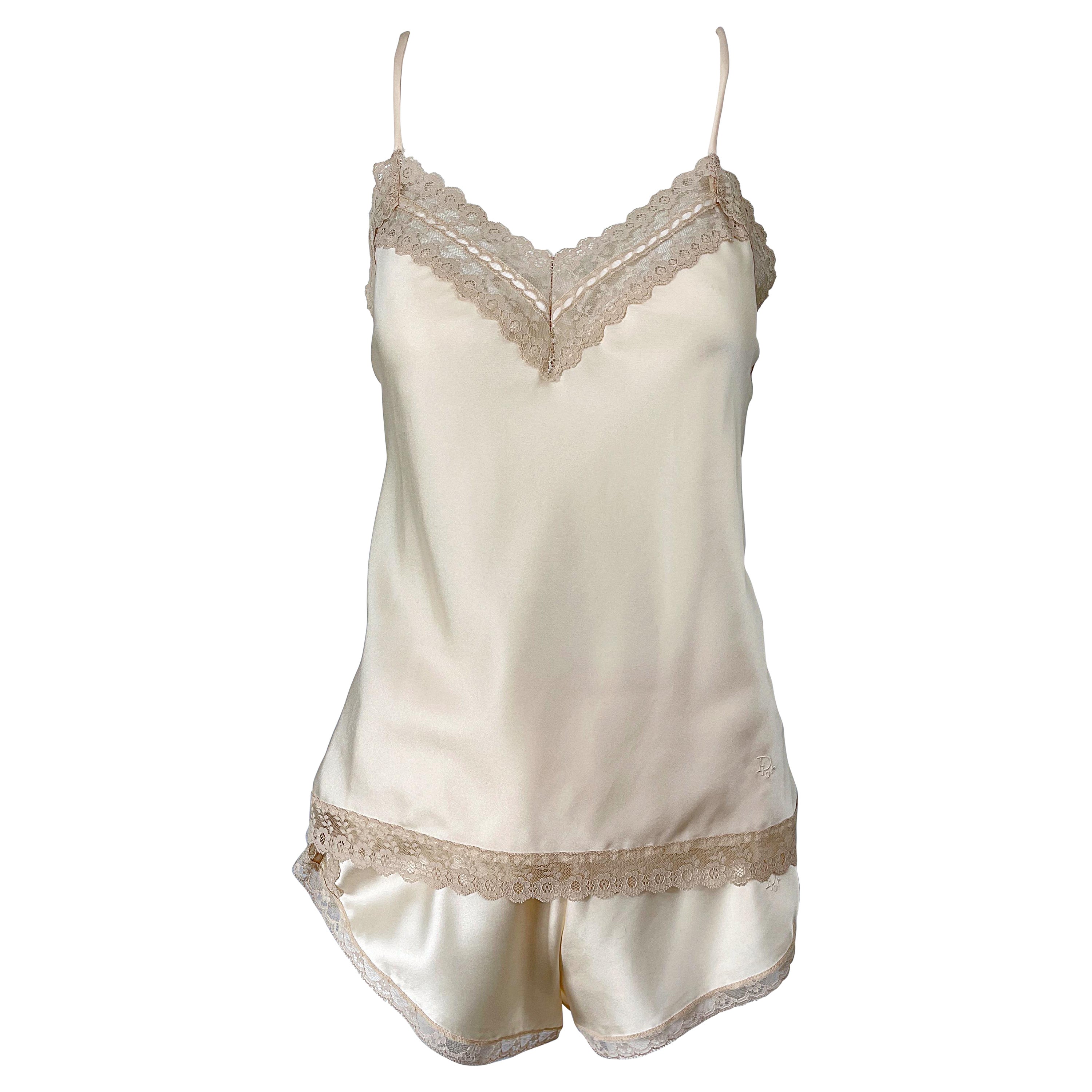 NWT 1980 Christian Dior Ivoire Satin Lace Three Piece Cami 80s Lingerie PJ Set