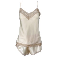 NWT 1980 Christian Dior Ivoire Satin Lace Three Piece Cami 80s Lingerie PJ Set
