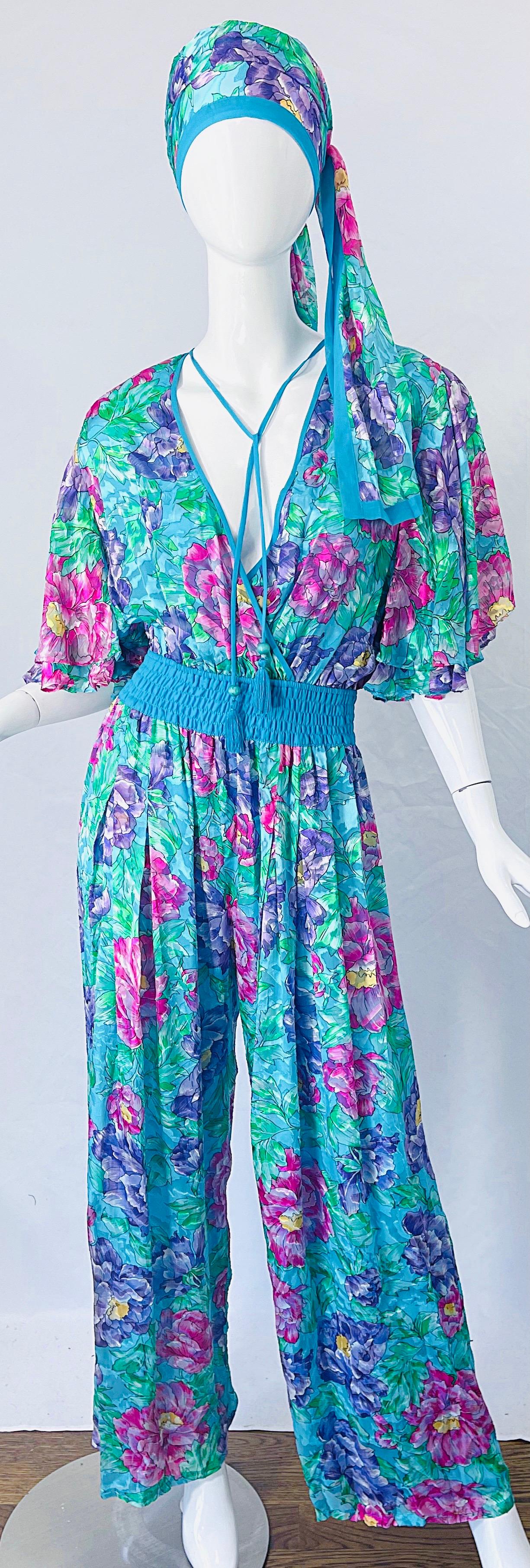 NWT 1980s Diane Freis Silk Flower Print Tassle Beaded Vintage Jumpsuit + Sash  For Sale 4