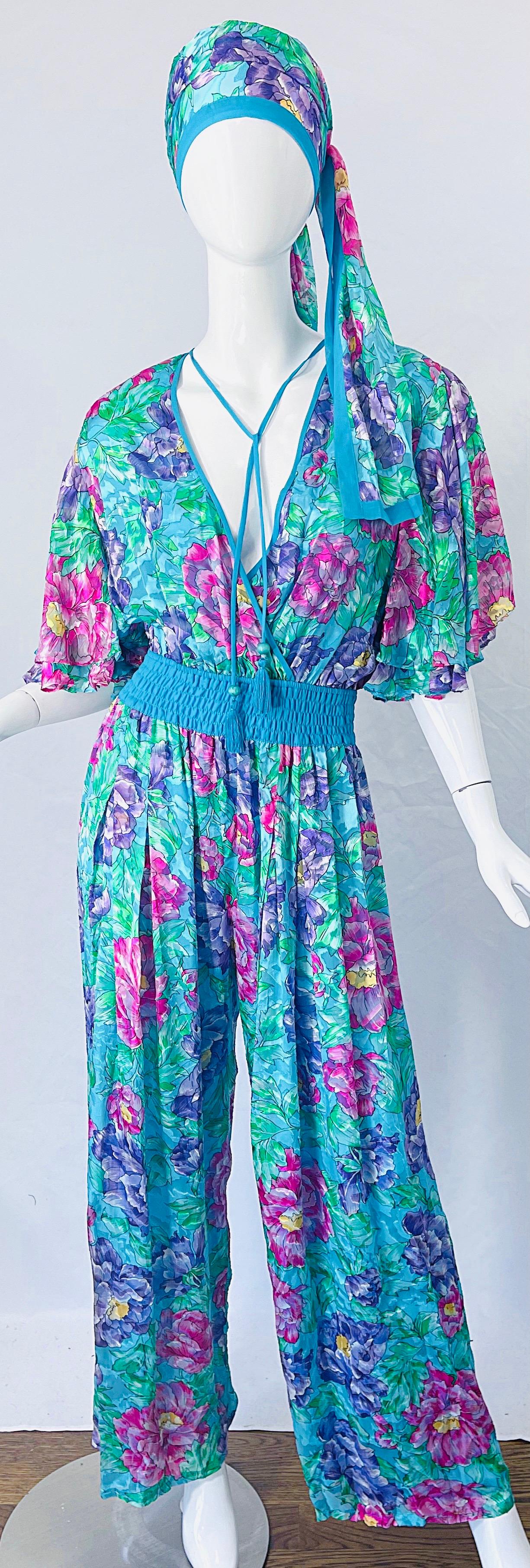 NWT 1980s Diane Freis Silk Flower Print Tassle Beaded Vintage Jumpsuit + Sash For Sale 4
