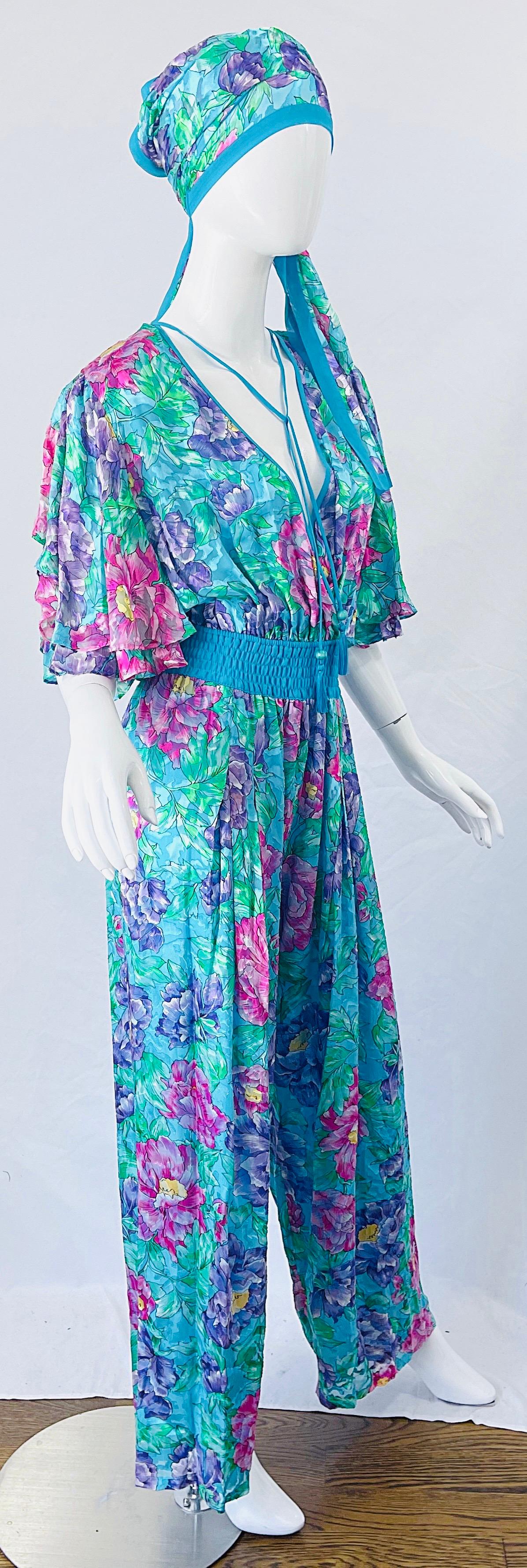 NWT 1980s Diane Freis Silk Flower Print Tassle Beaded Vintage Jumpsuit + Sash  For Sale 6