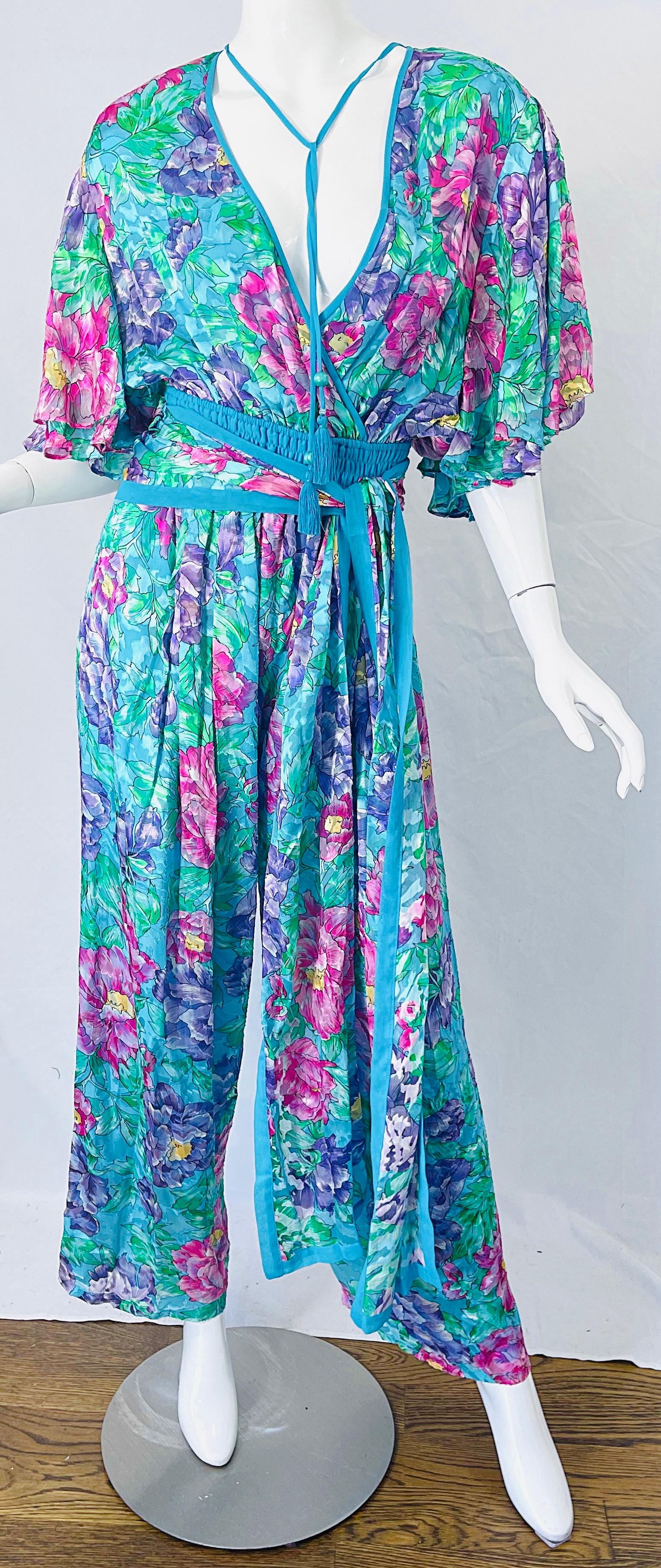 NWT 1980s Diane Freis Silk Flower Print Tassle Beaded Vintage Jumpsuit + Sash  For Sale 7