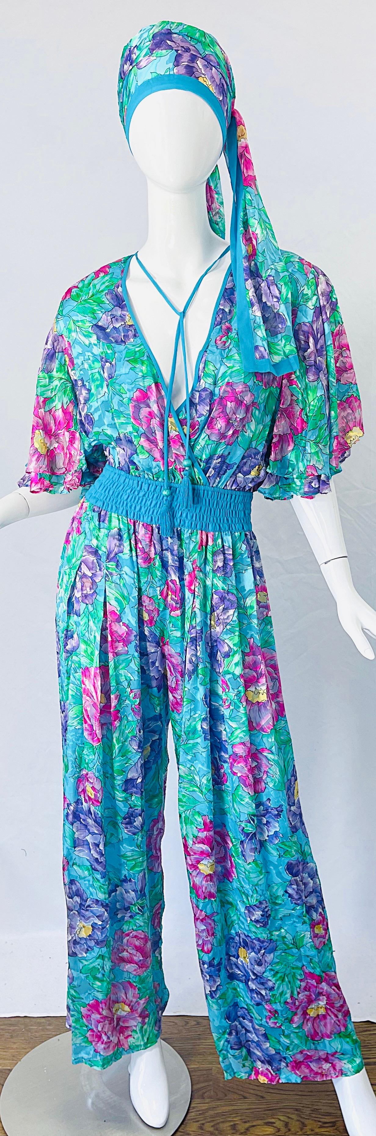 NWT 1980s Diane Freis Silk Flower Print Tassle Beaded Vintage Jumpsuit + Sash For Sale 8