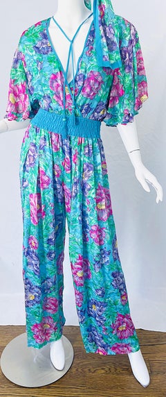 NWT 1980s Diane Freis Silk Flower Print Tassle Beaded Vintage Jumpsuit + Sash