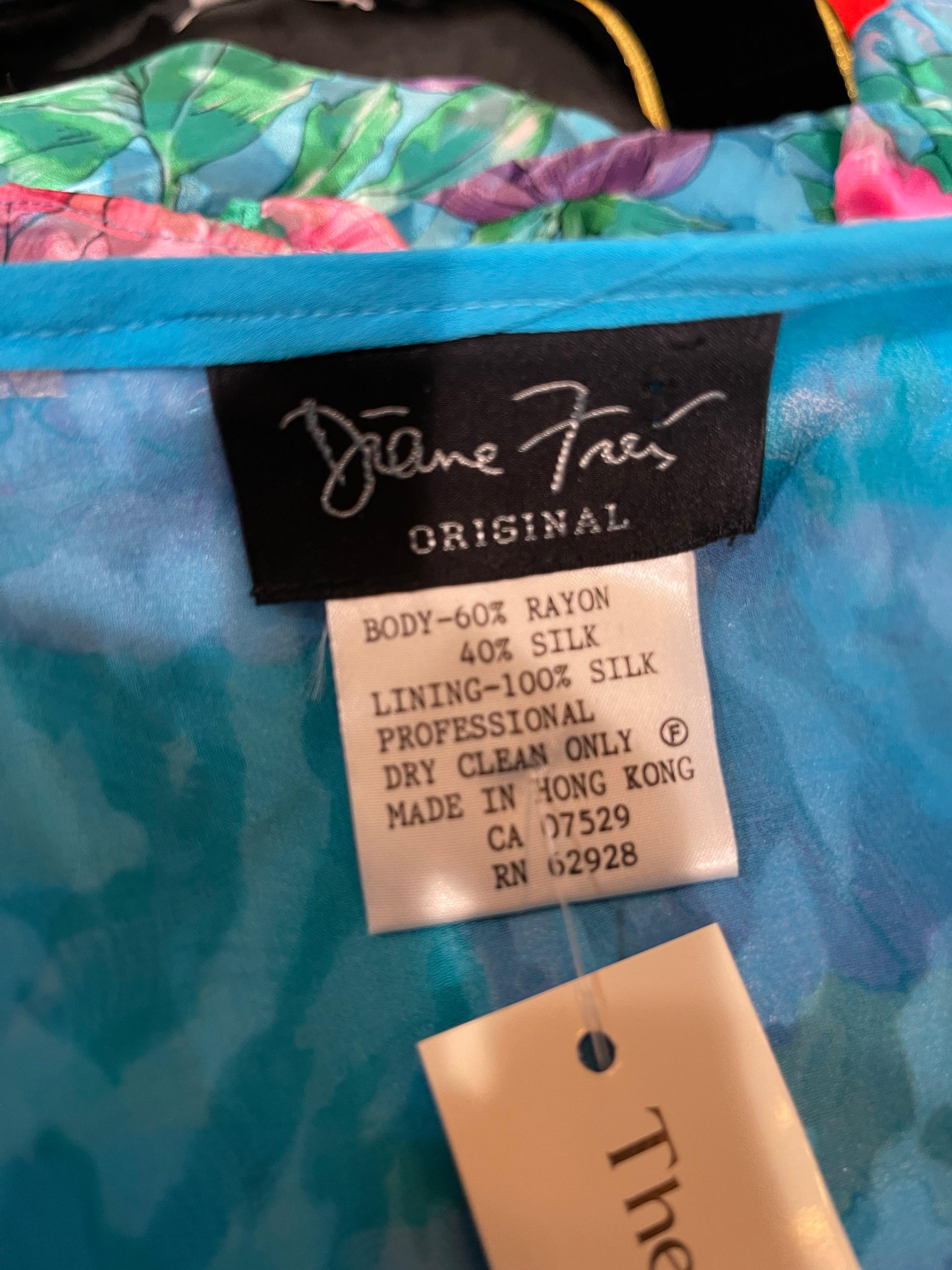 Blue NWT 1980s Diane Freis Silk Flower Print Tassle Beaded Vintage Jumpsuit + Sash For Sale