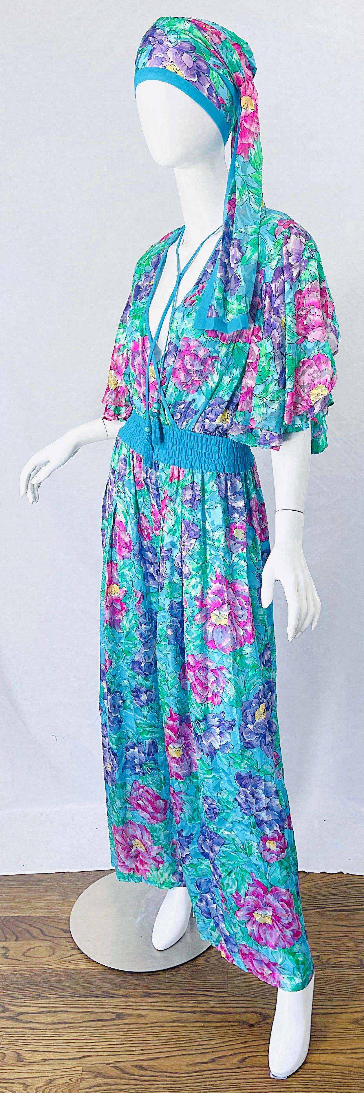 Women's NWT 1980s Diane Freis Silk Flower Print Tassle Beaded Vintage Jumpsuit + Sash  For Sale
