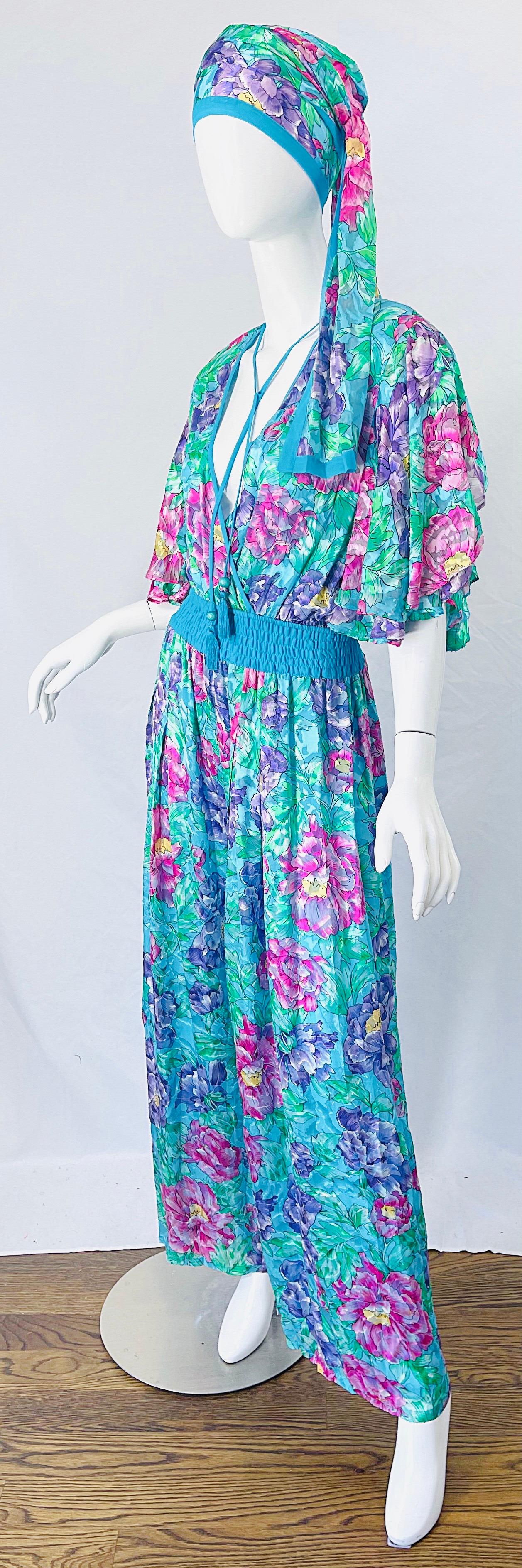 Women's NWT 1980s Diane Freis Silk Flower Print Tassle Beaded Vintage Jumpsuit + Sash For Sale