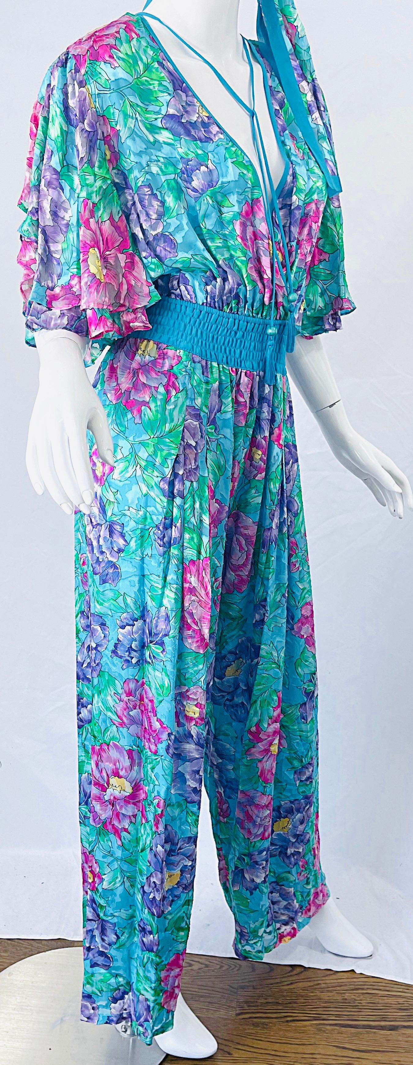 NWT 1980s Diane Freis Silk Flower Print Tassle Beaded Vintage Jumpsuit + Sash  For Sale 1