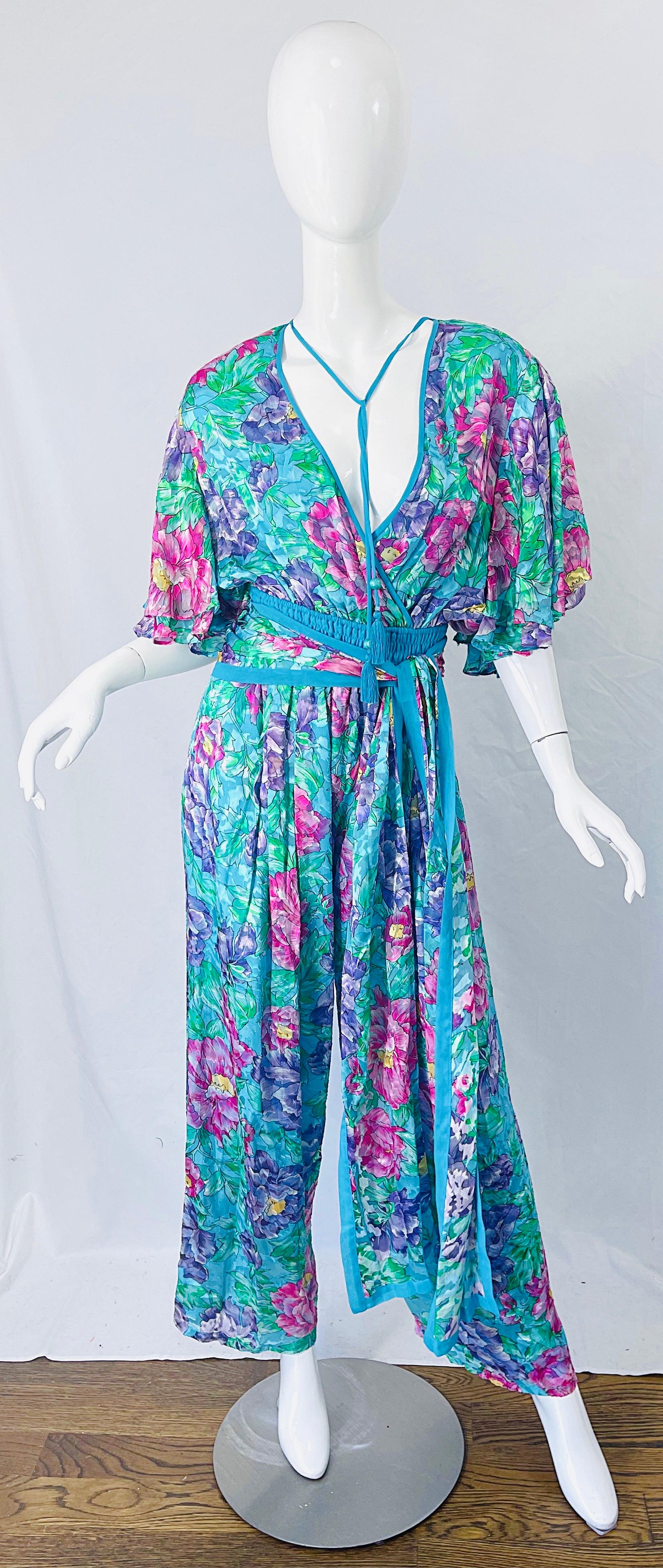 NWT 1980s Diane Freis Silk Flower Print Tassle Beaded Vintage Jumpsuit + Sash  For Sale 2