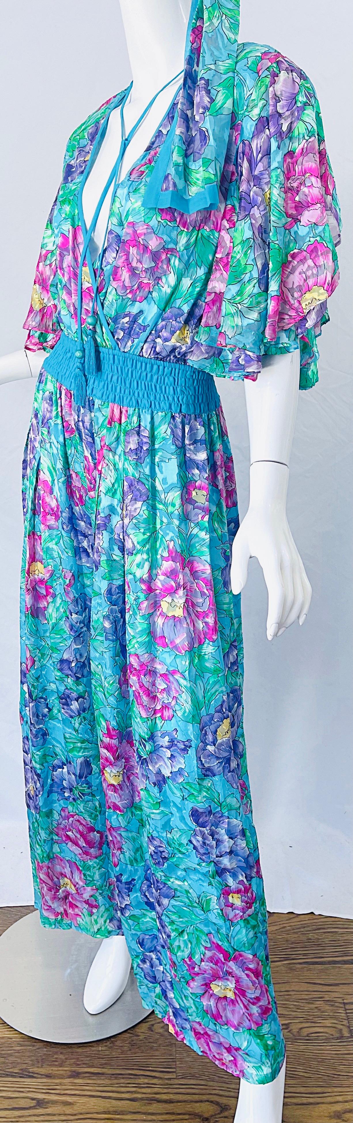 NWT 1980s Diane Freis Silk Flower Print Tassle Beaded Vintage Jumpsuit + Sash  For Sale 3